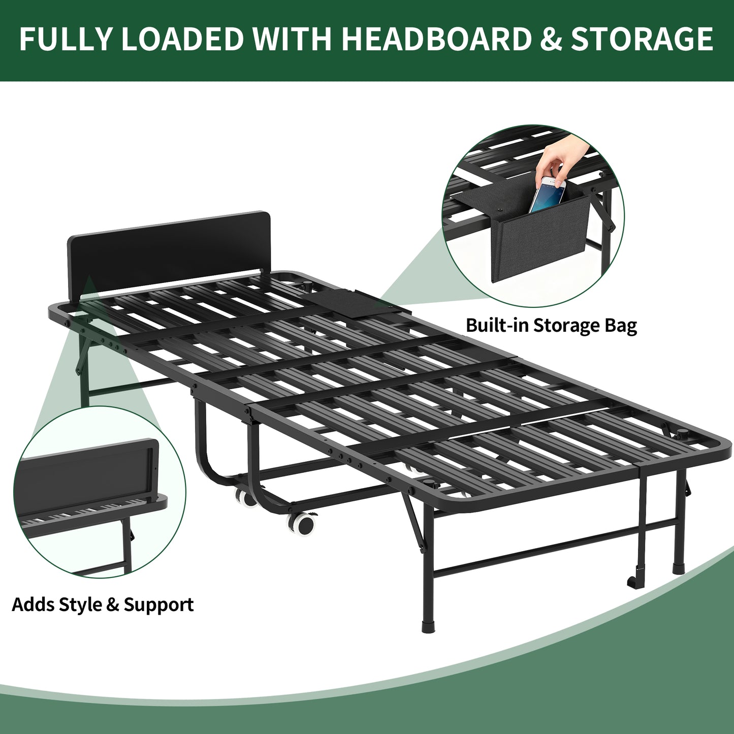 VIYET 75" Folding Rollaway Guest Bed with Adjustable Headboard, 5" Memory Foam Mattress, 450LBS Metal Frame Portable Twin Cot on Wheels