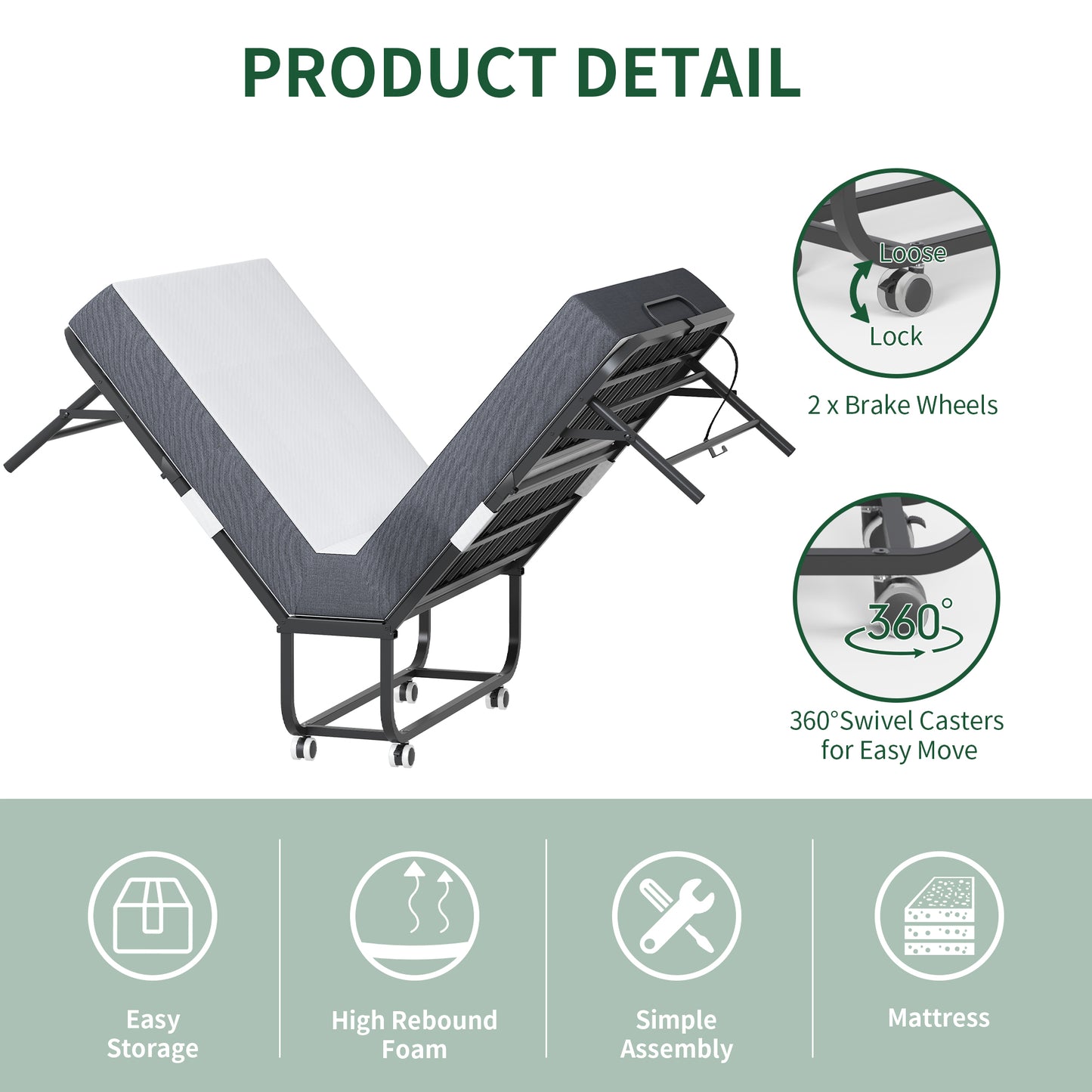 VIYET Folding Bed with Adjustable Headboard, 5" Memory Foam Mattress, 450LB Heavy Duty Rollaway Guest Bed with Wheels for Adults