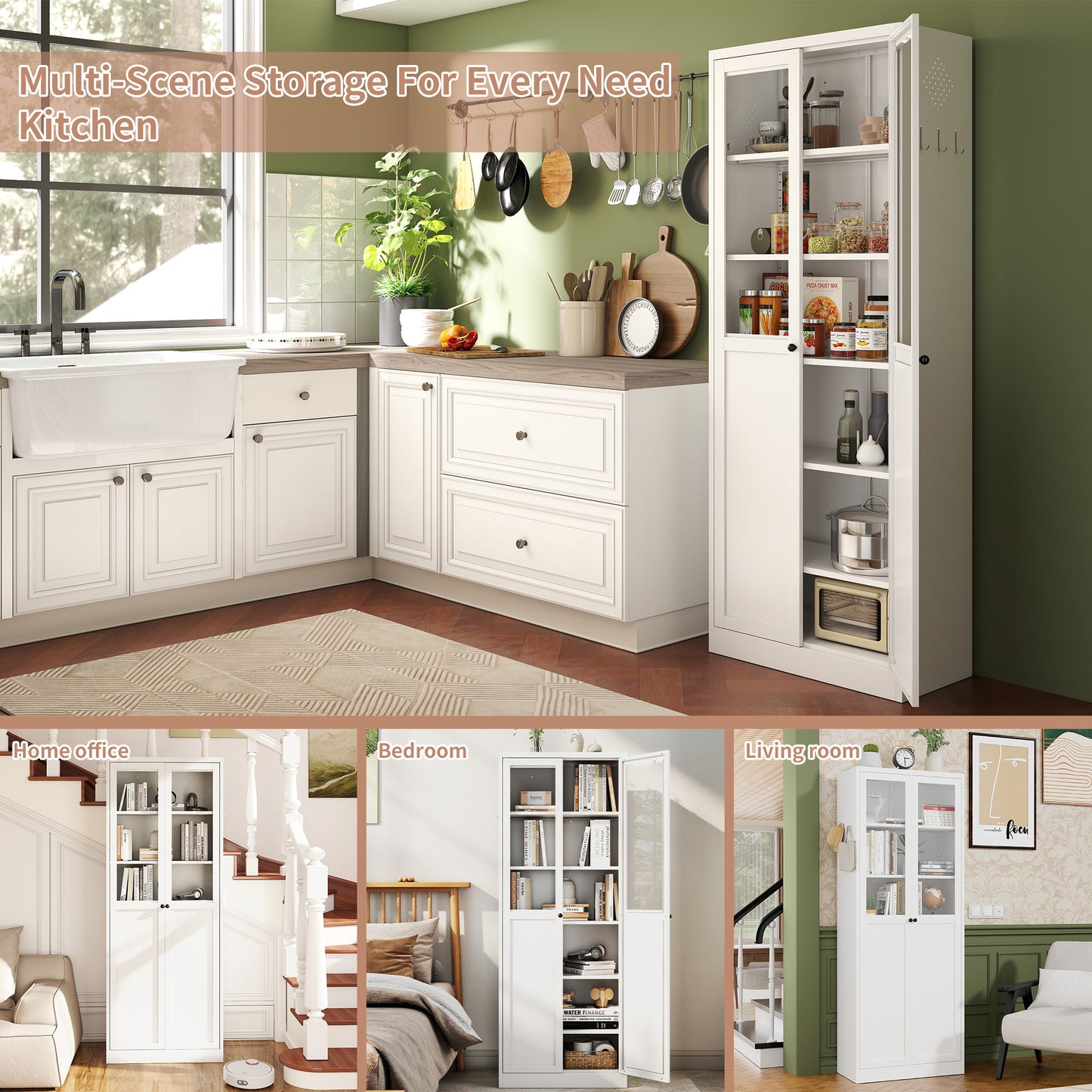VIYET 72" Glass Door Metal Pantry Cabinet, White Kitchen Storage Cabinet with 5 Adjustable Shelves, Freestanding Display Cabinet