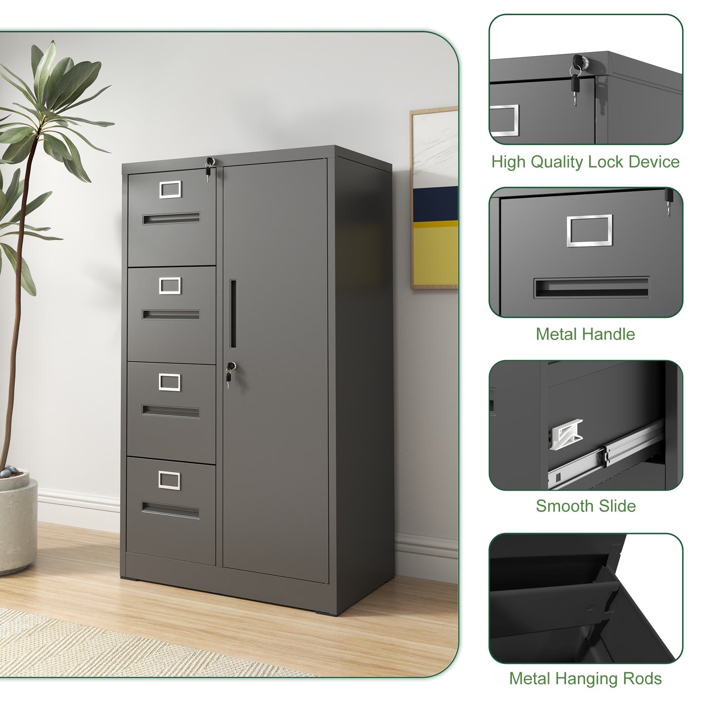 VIYET Black Metal Vertical Filing Cabinet with Lock, 4 Drawers & 1 Door Steel Storage Locker for Office Home School Bedroom