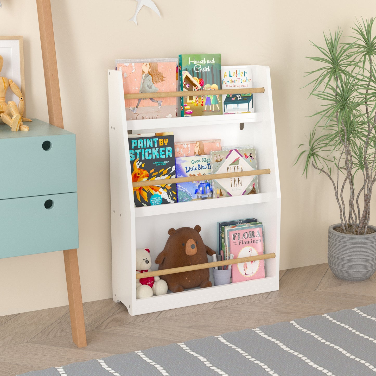 VIYET 3 Tier Kids Bookshelf, Front Facing Book Display Rack for Toddlers, Wooden Book Organizer for Bedroom, Playroom, Nursery and Classroom, White