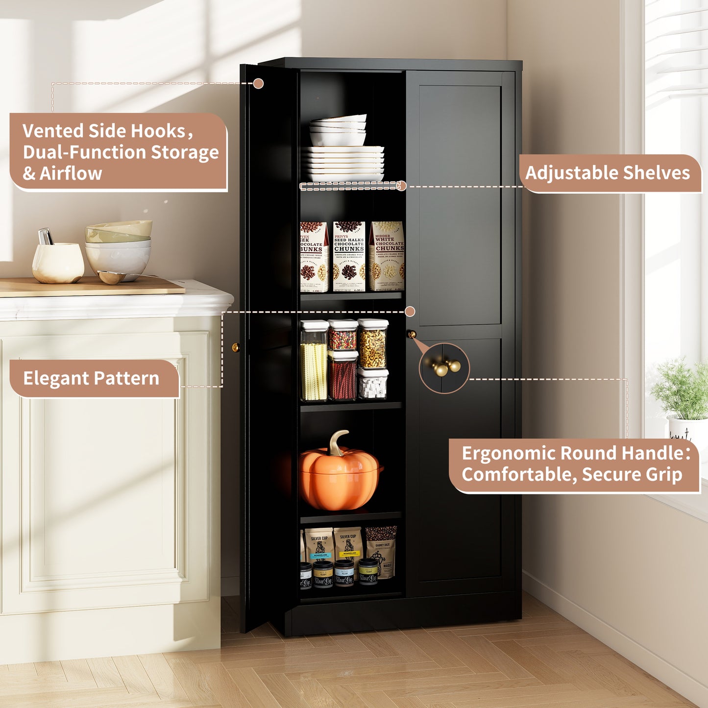 VIYET 61" Black Metal Kitchen Pantry Cabinet, 4 Adjustable Shelves 110lb Capacity, Heavy Duty Freestanding Organizer