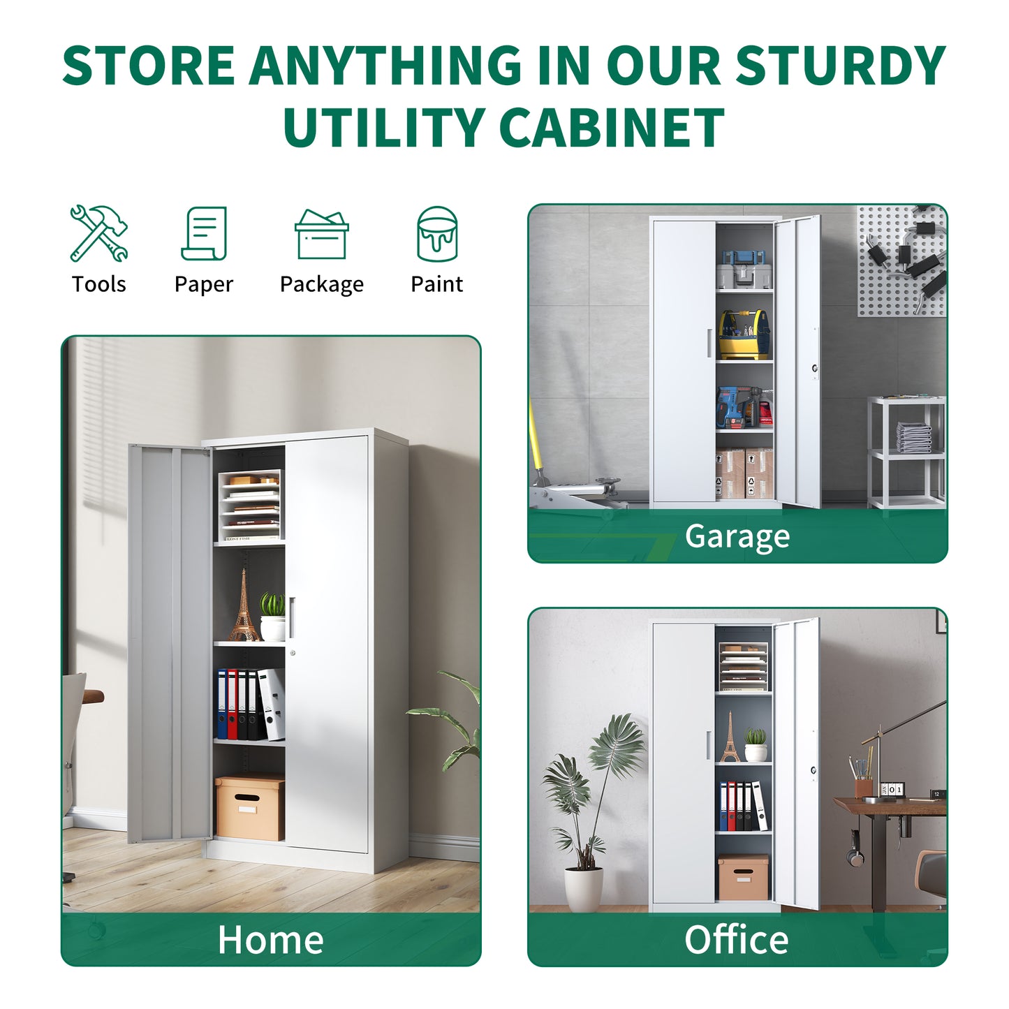 VIYET 71"H White Metal Garage Storage Cabinet, Lockable with 3 Adjustable Shelves & Doors for Home Office Pantry
