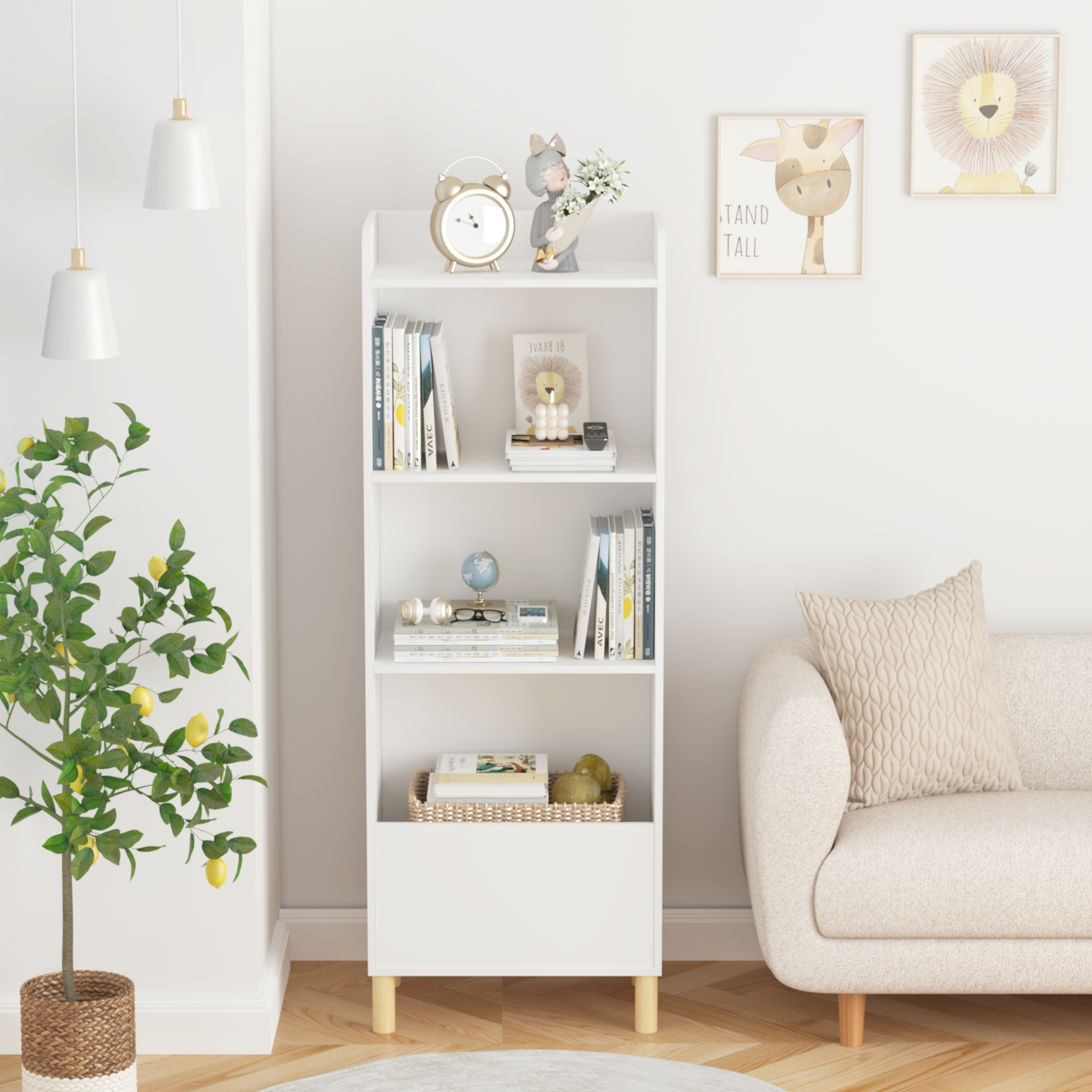 VIYET 51" Kids 4-Tier Bookcase, White MDF+Pine Legs Storage Organizer w/ Anti-Tipping Device (Nursery/Playroom Display Rack)