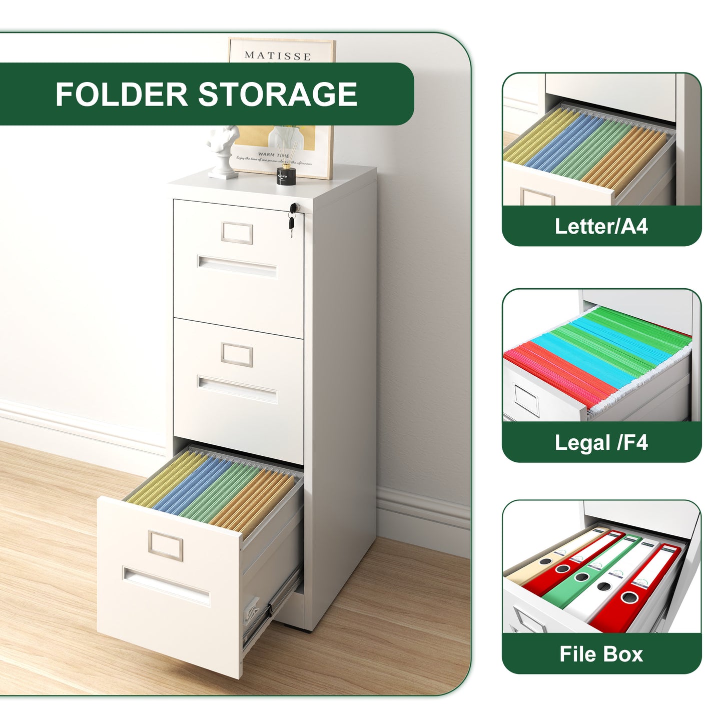 VIYET 40"H 3-Drawer White Narrow Metal Vertical File Cabinet with Lock, Steel Filing Cabinet for Home Office, Fits A4/Legal/Letter (Assembly Required)