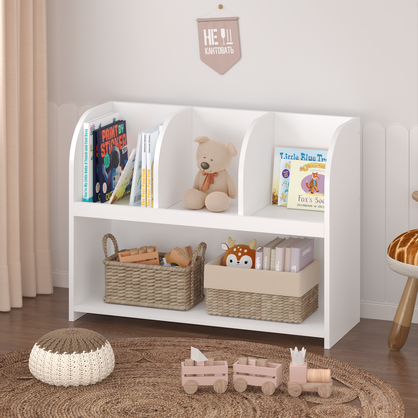 VIYET 24" Kids 4-Compartment Bookcase, White MDF Storage Display Rack (Anti-Tipping Toy Organizer for Playroom/Nursery)