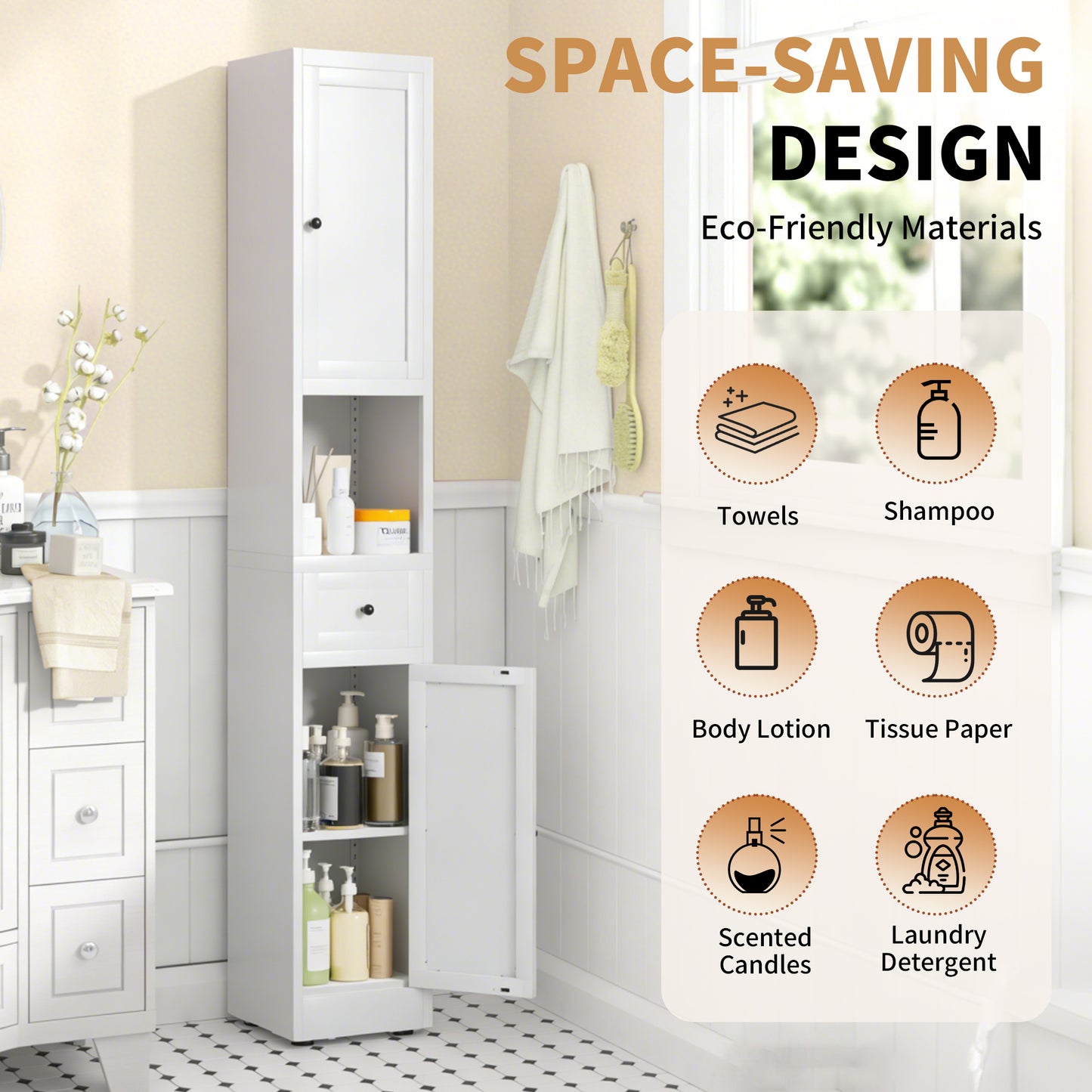 VIYET 71" Tall Bathroom Storage Cabinet, Narrow Metal Linen Cabinet with 2 Doors, Adjustable Shelves, Freestanding Storage Organizer