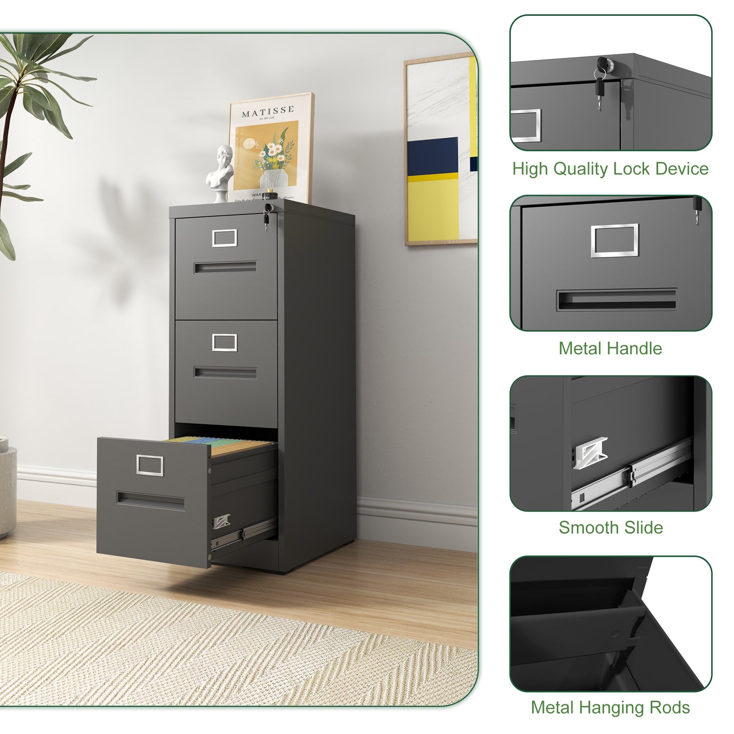 VIYET 40"H 3-Drawer Narrow Metal Vertical File Cabinet with Lock, Fits A4/Letter/Legal, Home Office Filing Steel Cabinet