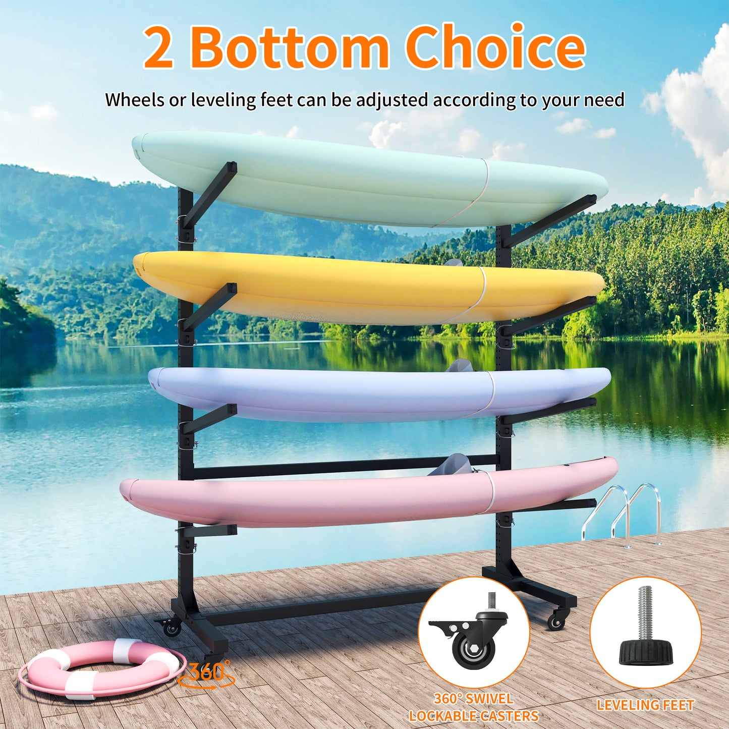 VIYET 80"H Freestanding Kayak Storage Rack, Heavy-Duty Adjustable Stand with Lockable Wheels, Holds 4 Kayaks/Canoe/SUP/Surfboard (Black)