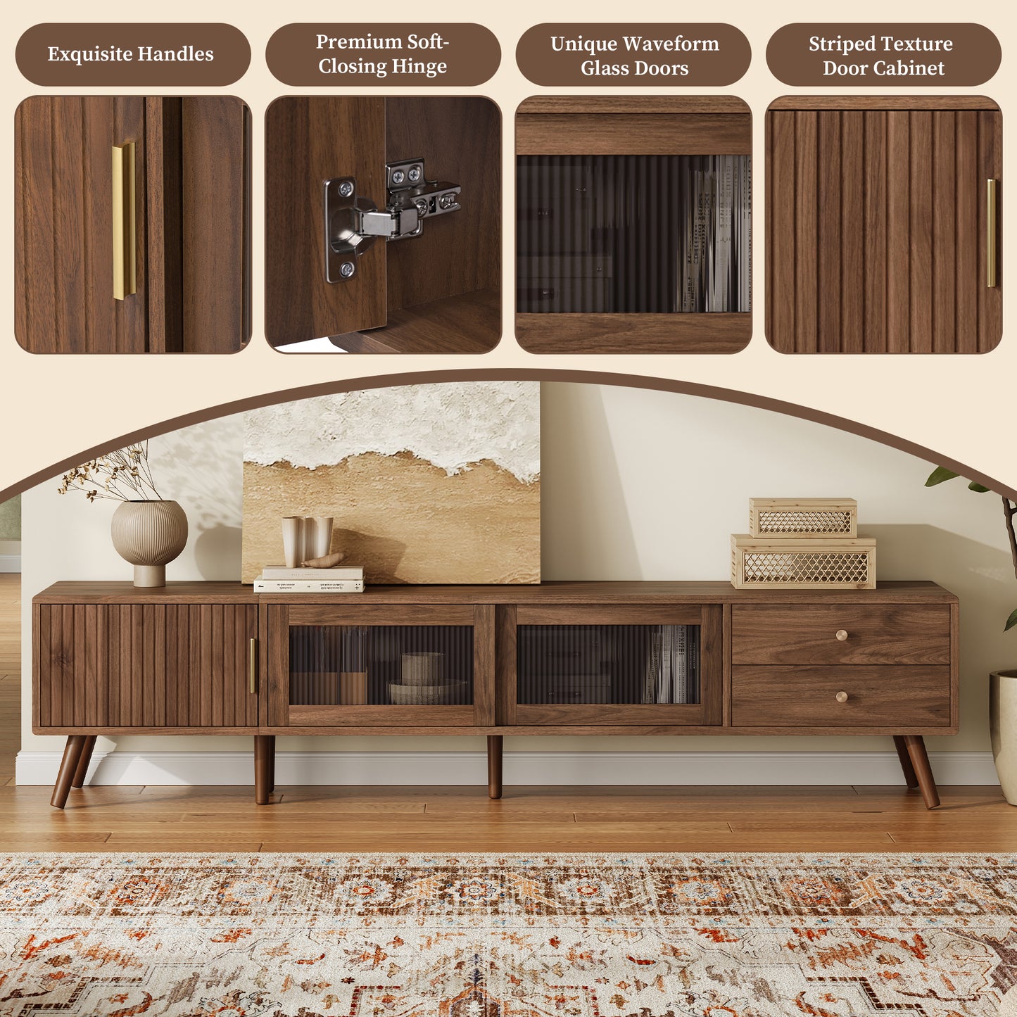 VIYET 77"Modern Minimal TV Stand, Wood-Grain Glass-Door Media Console (for TVs up to 85"), Solid Wood+MDF Storage Cabinet