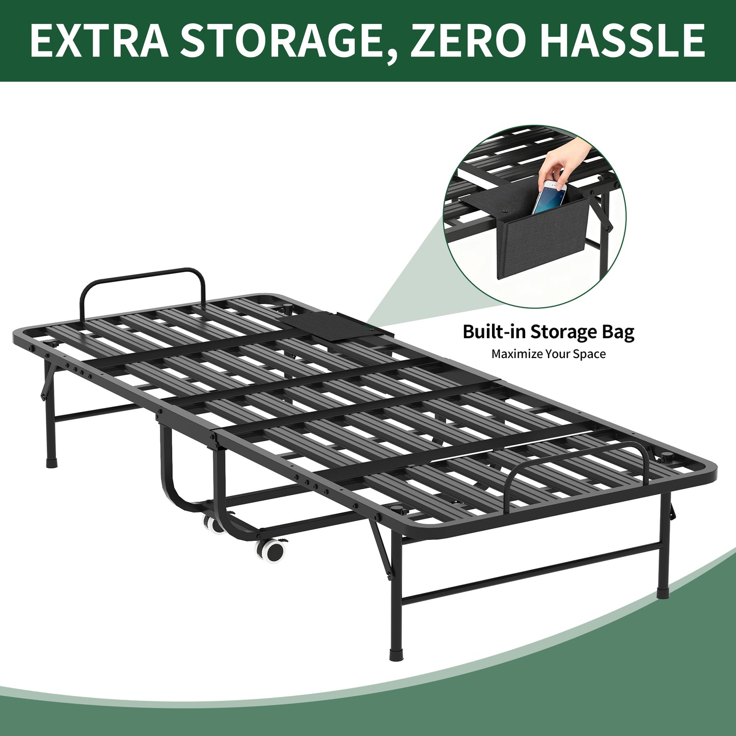 VIYET Twin Folding Rollaway Guest Bed with Side Storage Pocket, 5" Memory Foam Mattress, 450LB Heavy Duty Bed with Wheels