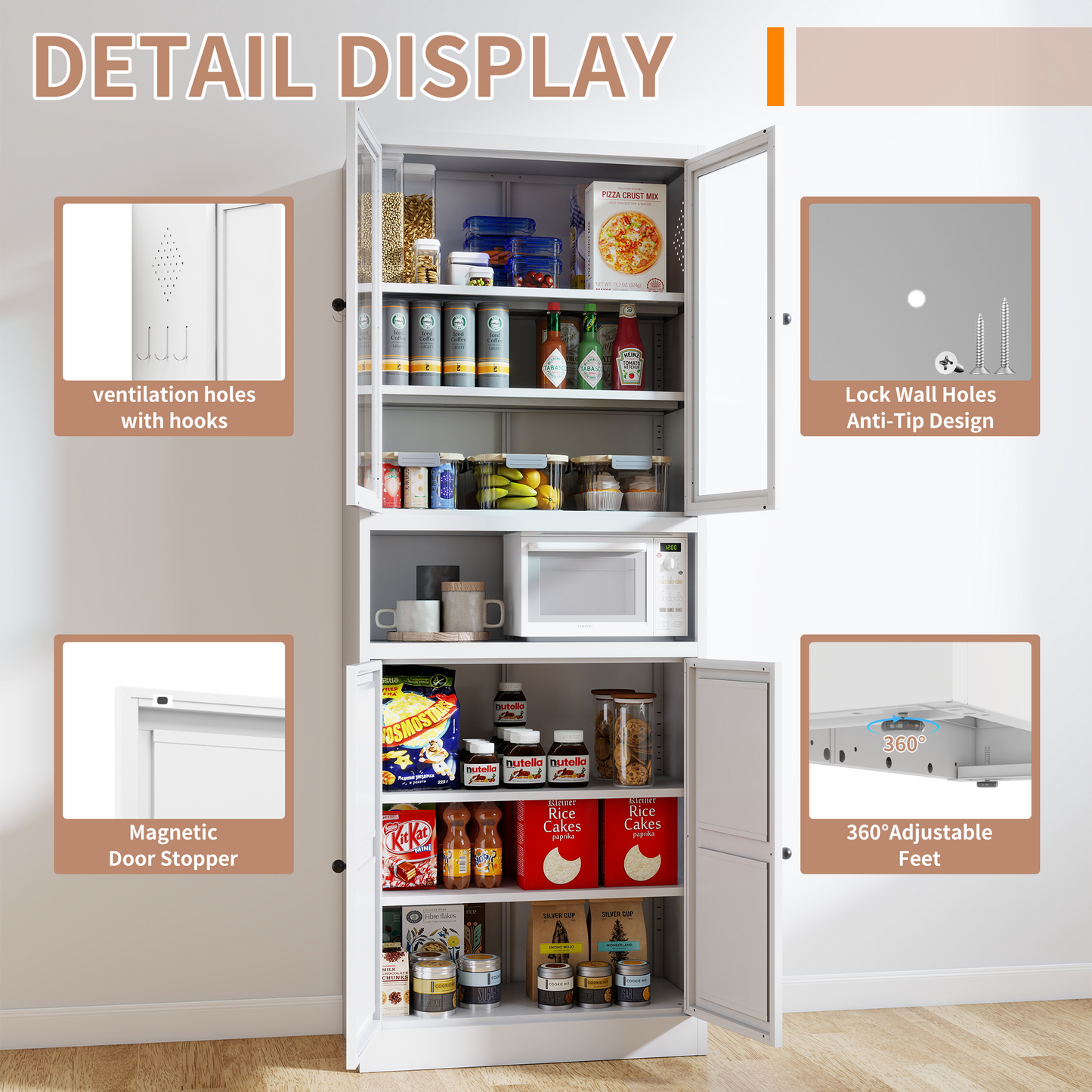 VIYET 72"H Heavy-Duty Metal Kitchen Pantry Cabinet,150LBS/Shelf,Adjustable Shelves+Glass Doors,Freestanding for Kitchen/Pantry/Bathroom(White)