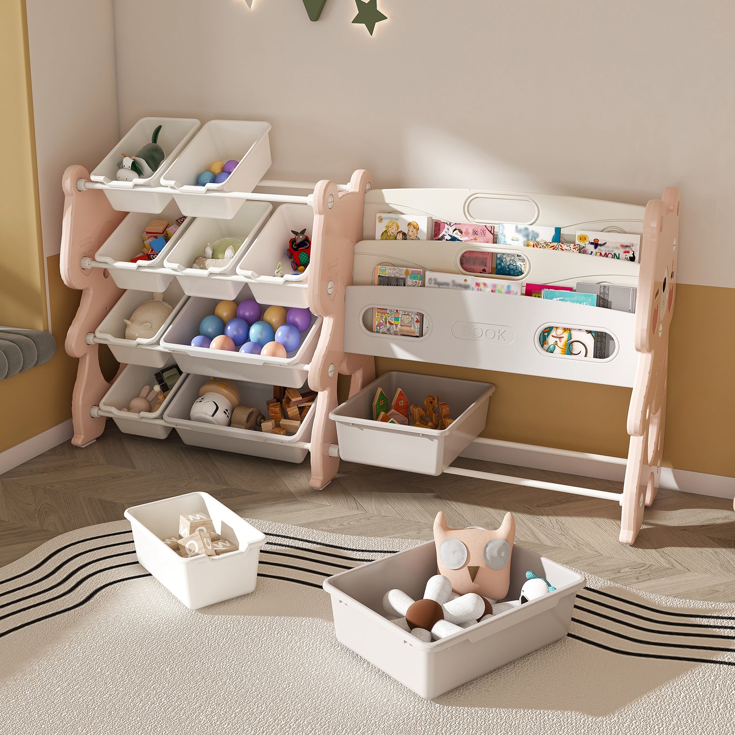 VIYET 34" Kids Toy Storage Organizer, Pink Polyethylene Unit w/ 2-Tier Bookshelf & 12 Toy Bins (Playroom/Bedroom Classroom Organizer)