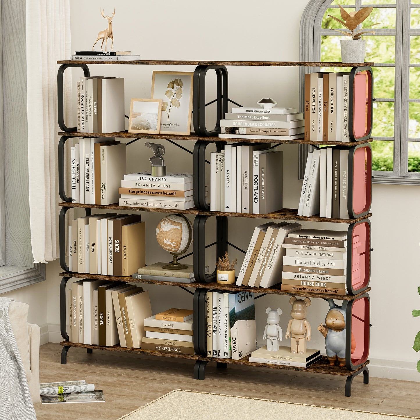 VIYET 63"×11.8"×63" 5-Tier Industrial Bookshelf - Rustic Brown MDF+Iron Frame, Anti-Tipping