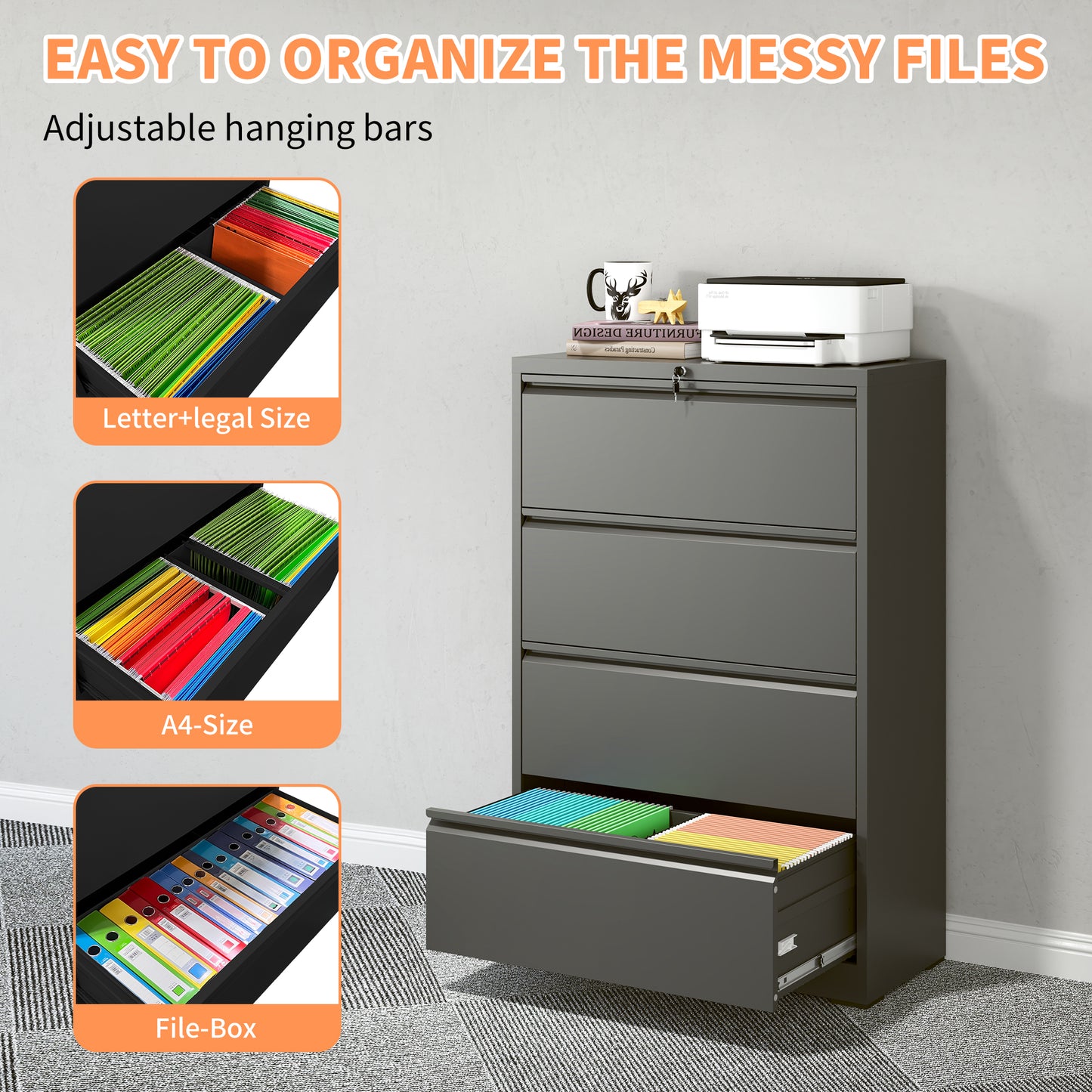 VIYET 4-Drawer Locking Lateral File Cabinet, Heavy-Duty Metal Office Storage with Full-Extension Drawers, Fits Letter, Legal & A4 Files