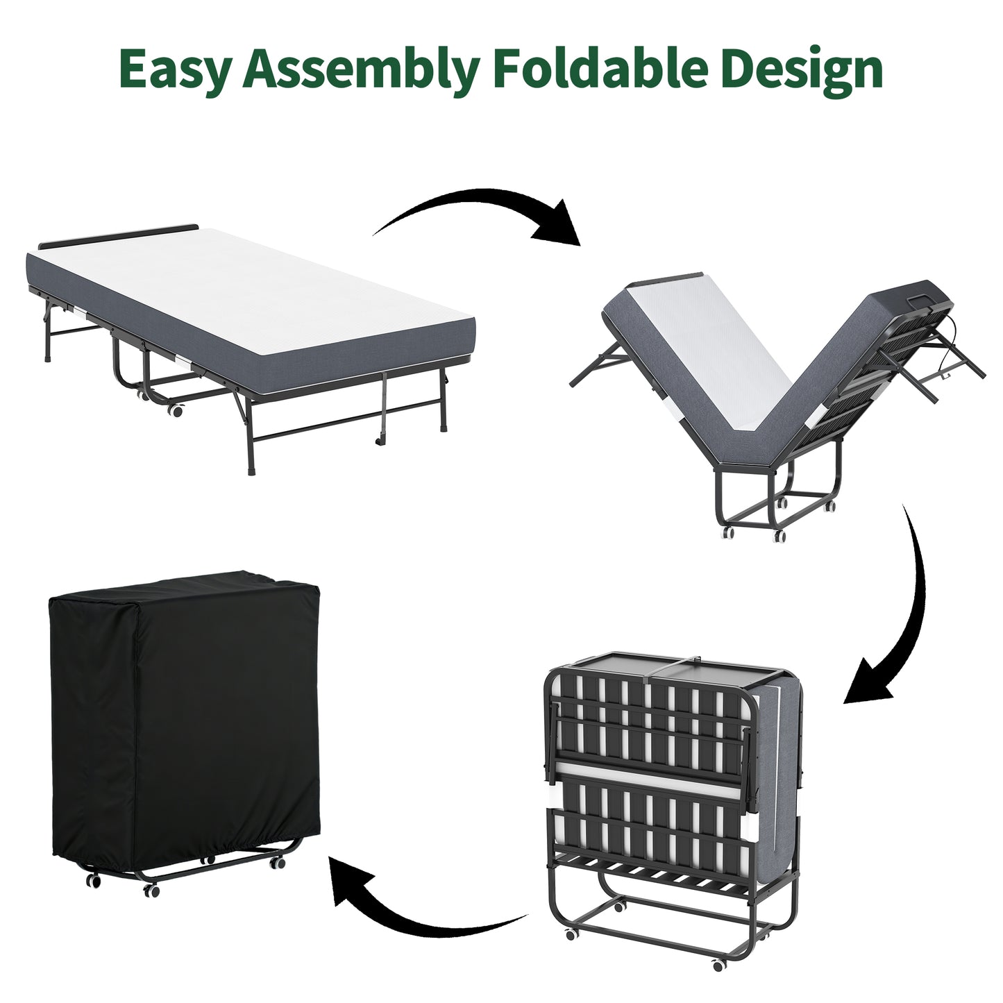 VIYET Twin Folding Rollaway Guest Bed with Adjustable Headboard, 5" Memory Foam Mattress, 450LB Portable Bed with Wheels