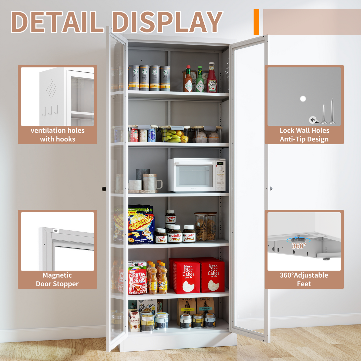 VIYET 72"H Heavy-Duty Metal Kitchen Pantry Cabinet,5 Adjustable Shelves+Glass Doors,80LBS/Shelf Freestanding for Kitchen/Pantry/Bathroom(White)
