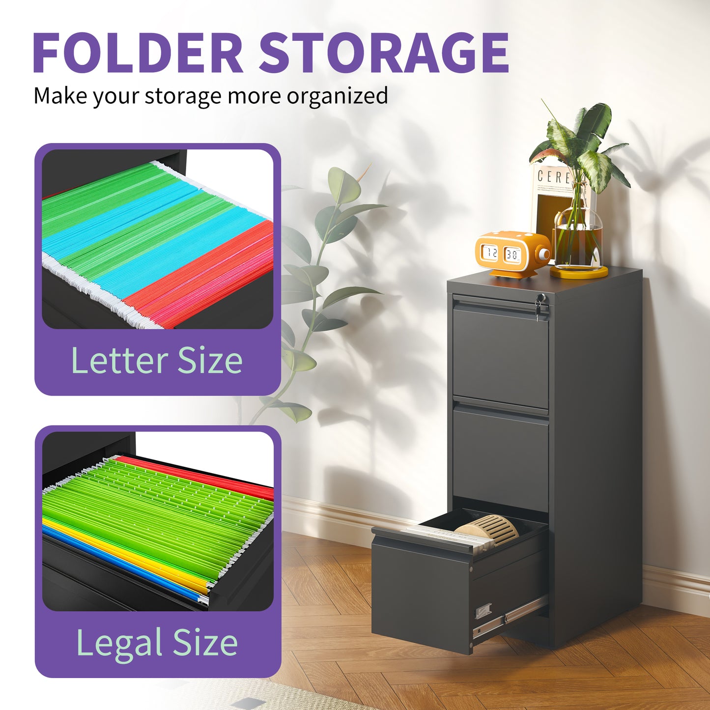VIYET 40" Black Vertical 3-Drawer Metal File Cabinet with Lock, Tall Locking Filing Cabinet for Home Office, Fits Letter, Legal & A4 Files