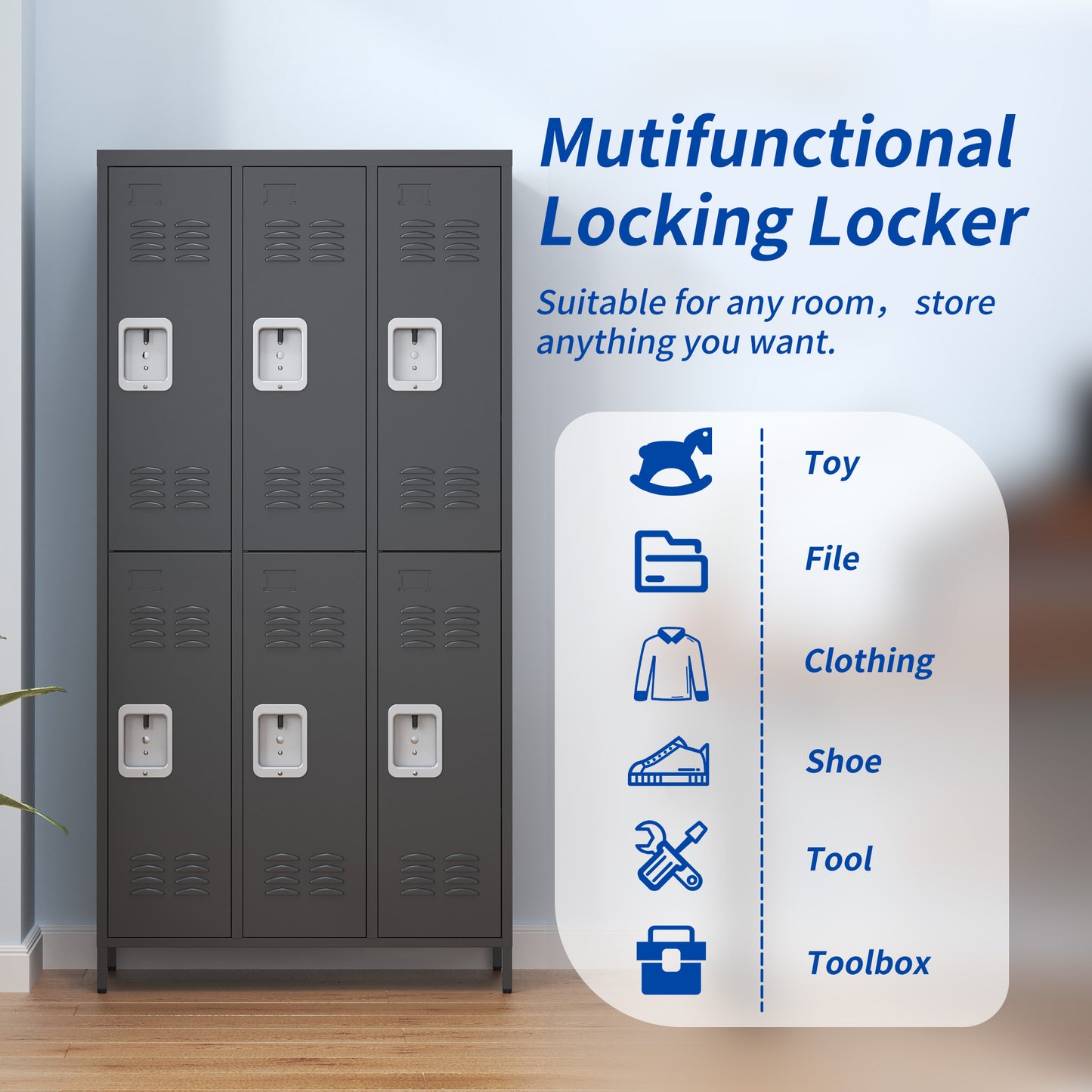 VIYET 72" 6 Door Metal Storage Locker Cabinet with Locks, Freestanding Employee Locker for Office, School, Gym, Garage & Home, Black