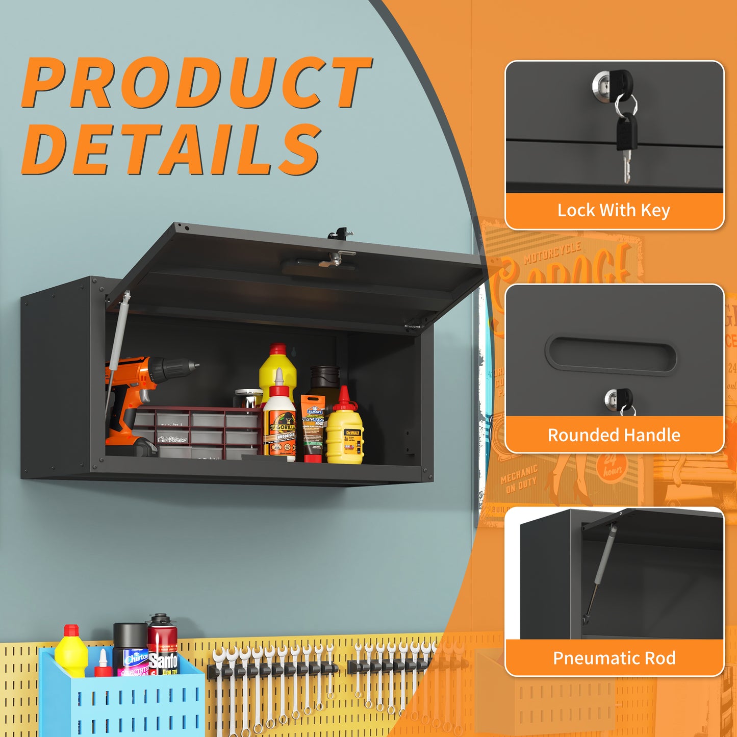 VIYET 13"H Heavy-Duty Wall-Mounted Metal Cabinet - Hydraulic Lift Door + Lock, Modern Black Storage for Garage/Workshop/Utility Room/Pantry