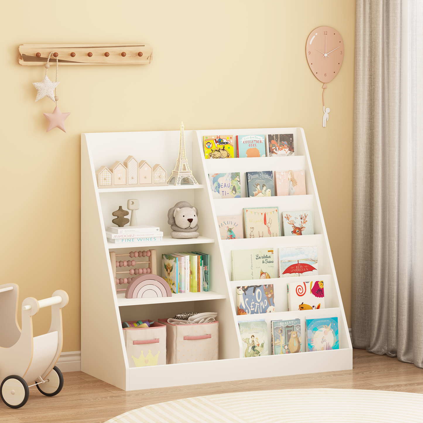 VIYET Kids Bookshelf and Toy Storage Organizer, 4 Tier Wooden Book Display Shelf with Storage Bin for Playroom, Nursery and Bedroom, White