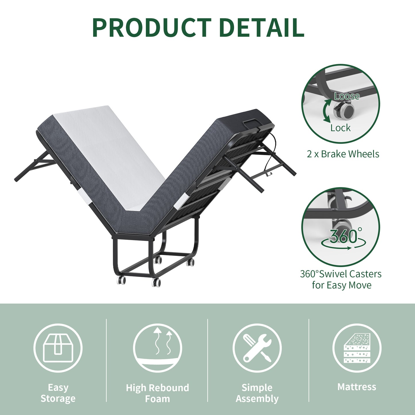 VIYET 12.60''H Extra Long Folding Bed for Tall People, 450LBS Heavy Duty Rollaway Guest Bed with 5" Memory Foam Mattress, Portable Twin Size Bed