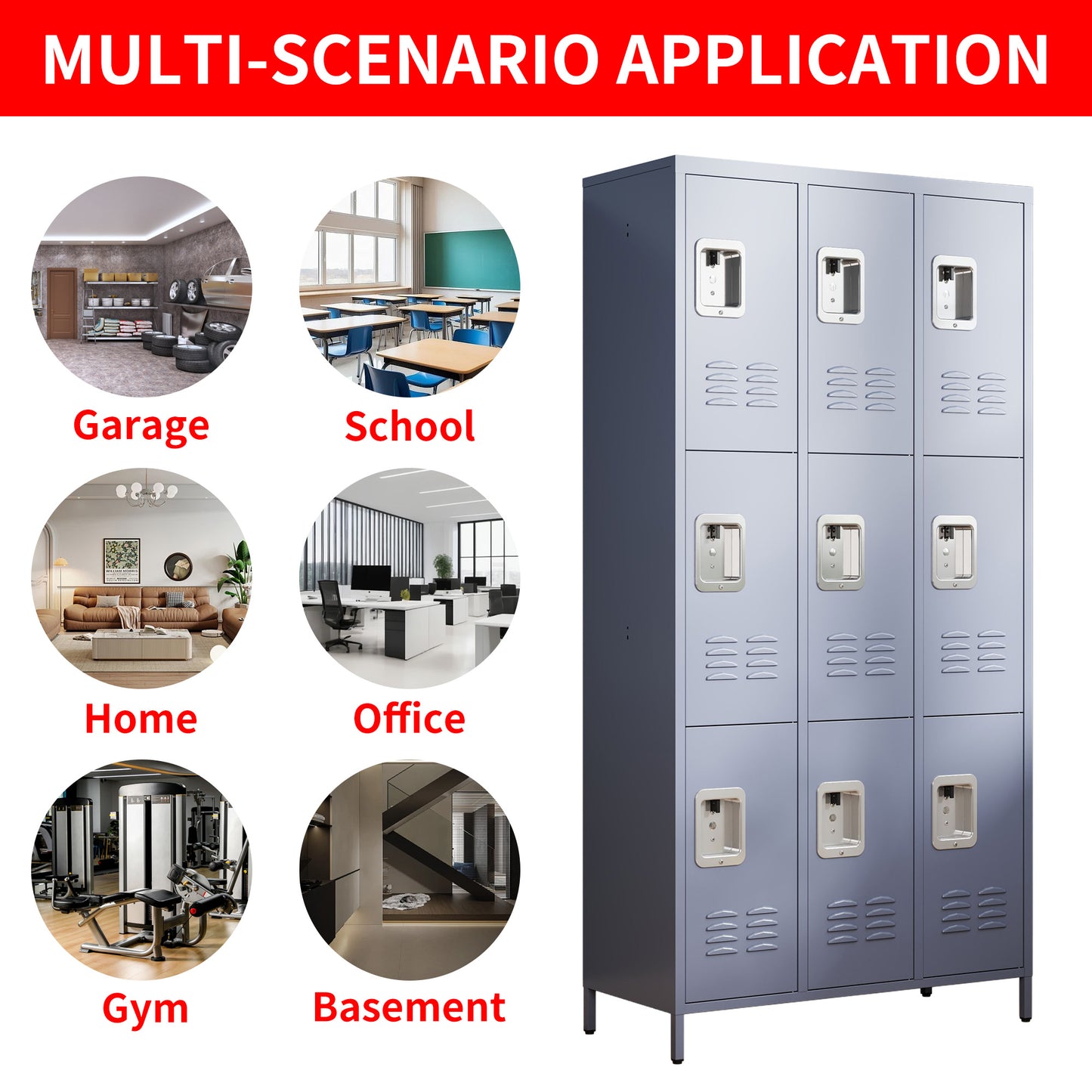 VIYET 72" Metal Storage Locker, 9 Door Lockable Employee Locker Cabinet, Freestanding Steel Locker for School, Office, Gym & Garage, Gray