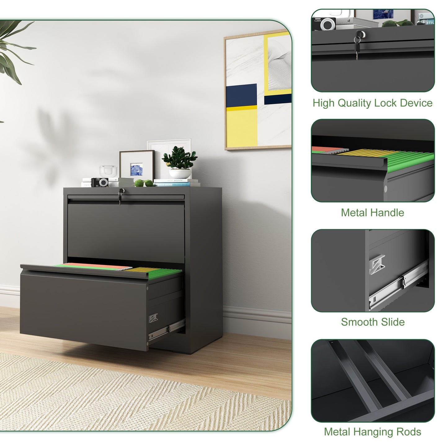 VIYET Locking 2 Drawer Lateral File Cabinet, Steel Filing Cabinet for Home Office, Fits Letter, Legal & A4 Files