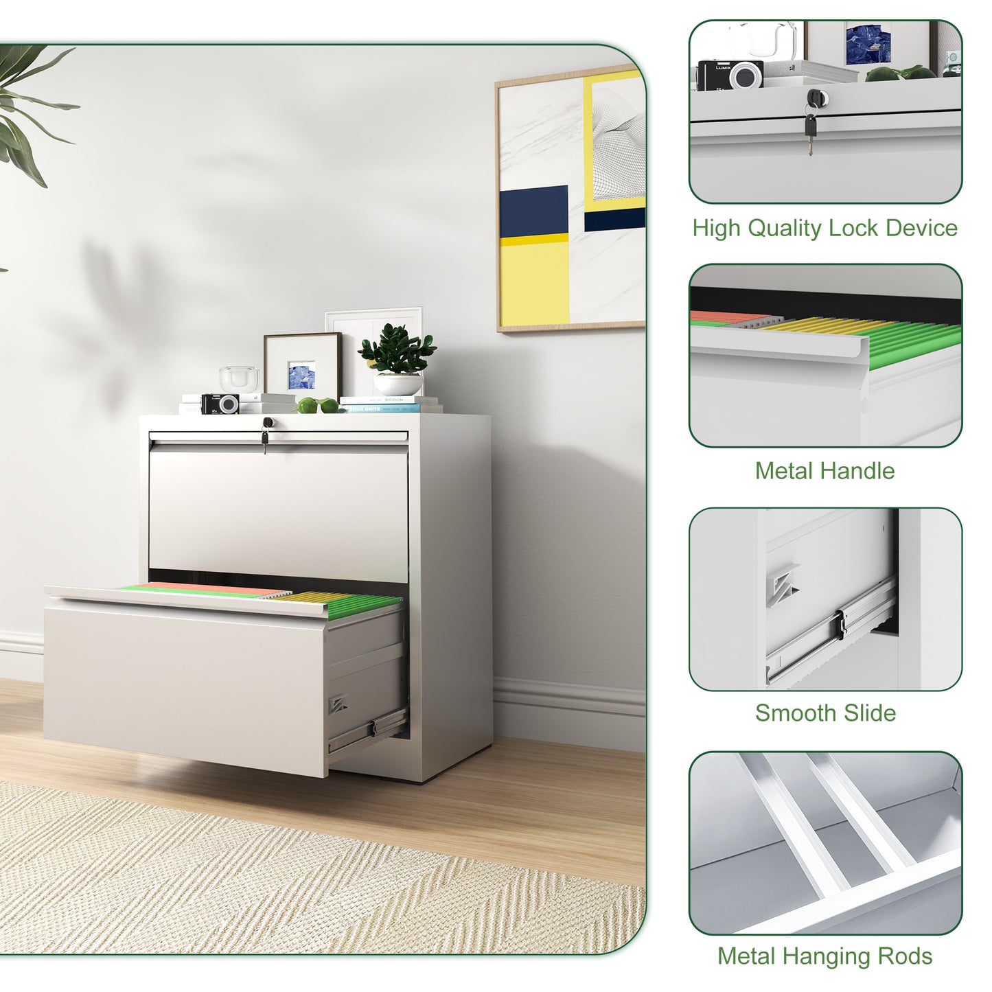 VIYET White 2 Drawer Lateral File Cabinet with Lock, Steel Filing Cabinet for Home Office, Fits Letter, Legal & A4 Files