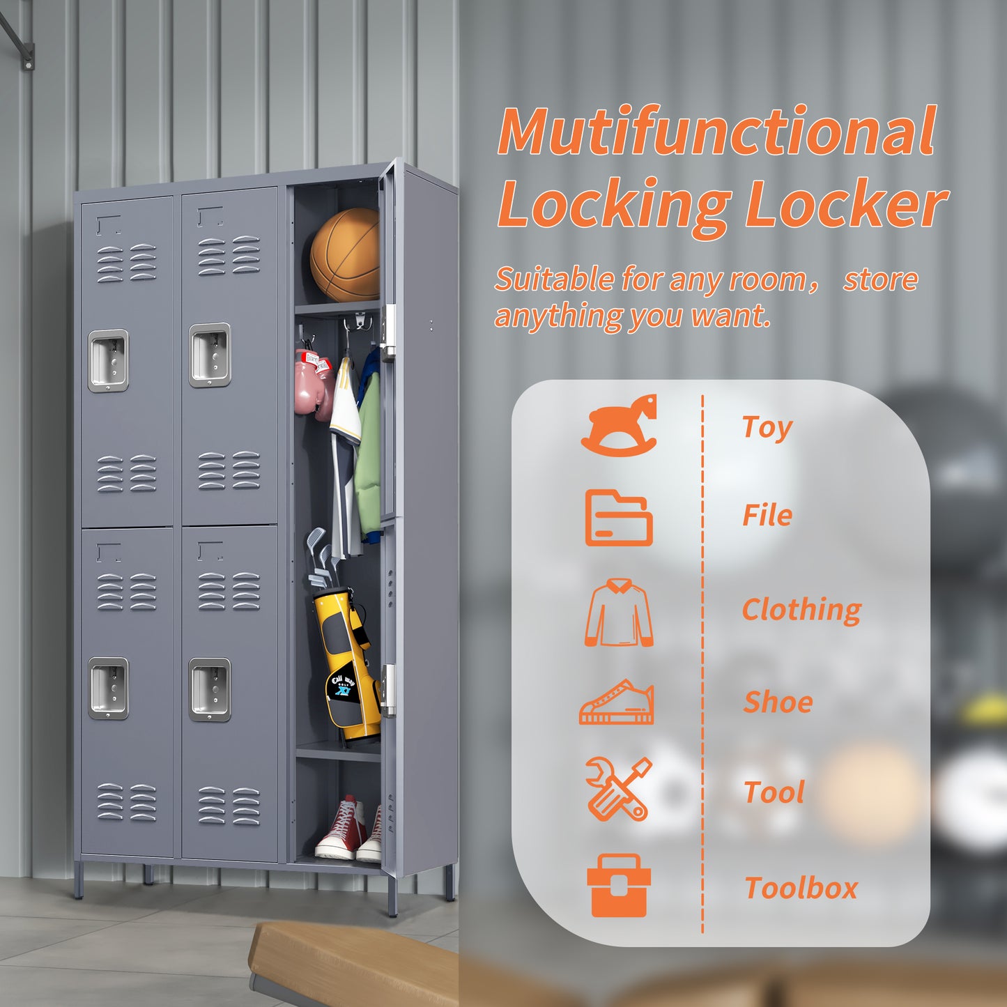 VIYET 72"H 6-Door Metal Locker Cabinet, Gray Steel Storage w/ Independent Locks (for Employee/Gym/Office/School)