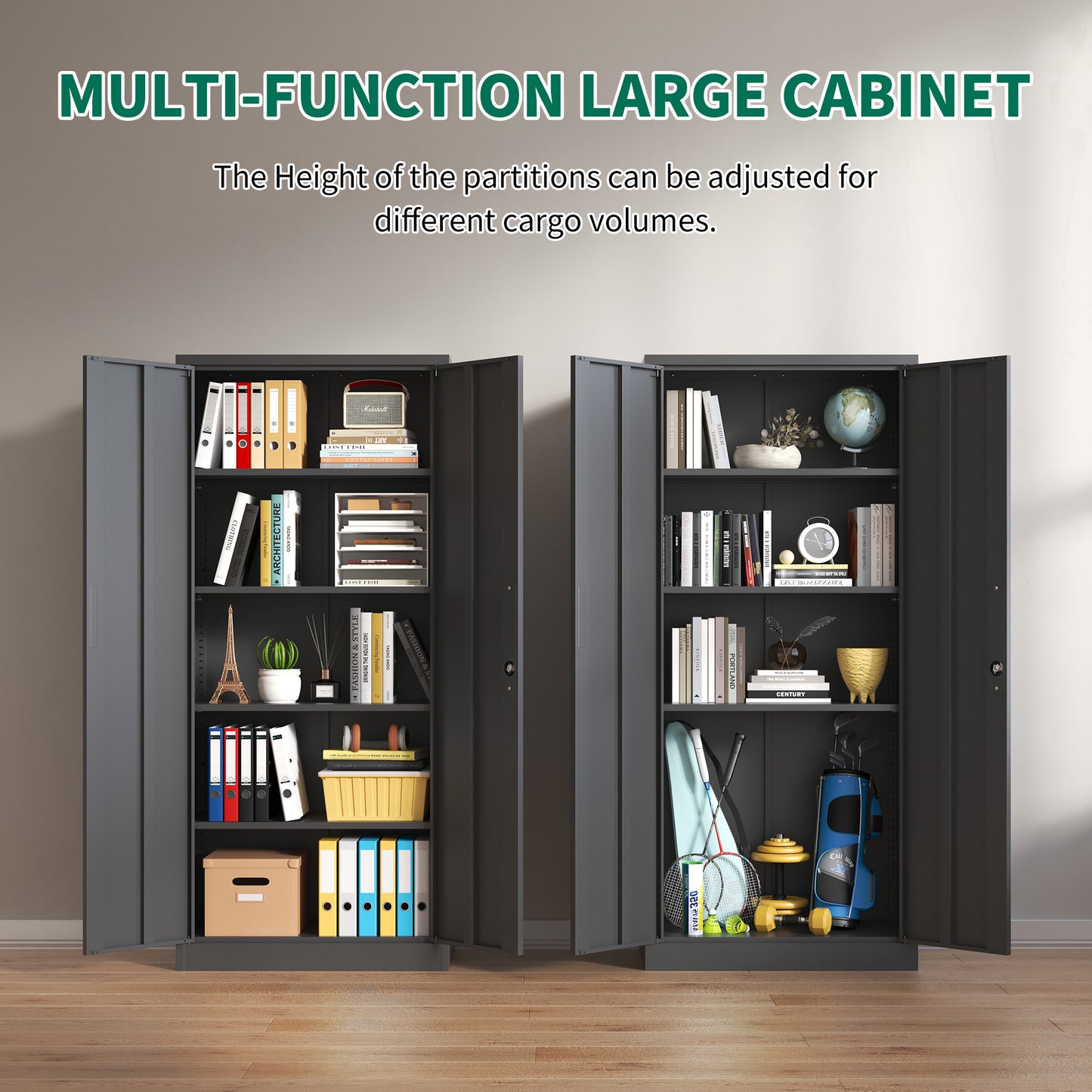 VIYET 72"H Metal Garage Storage Cabinet, Black Lockable Steel Cabinet with 4 Adjustable Shelves & Doors for Home Office Pantry Classroom