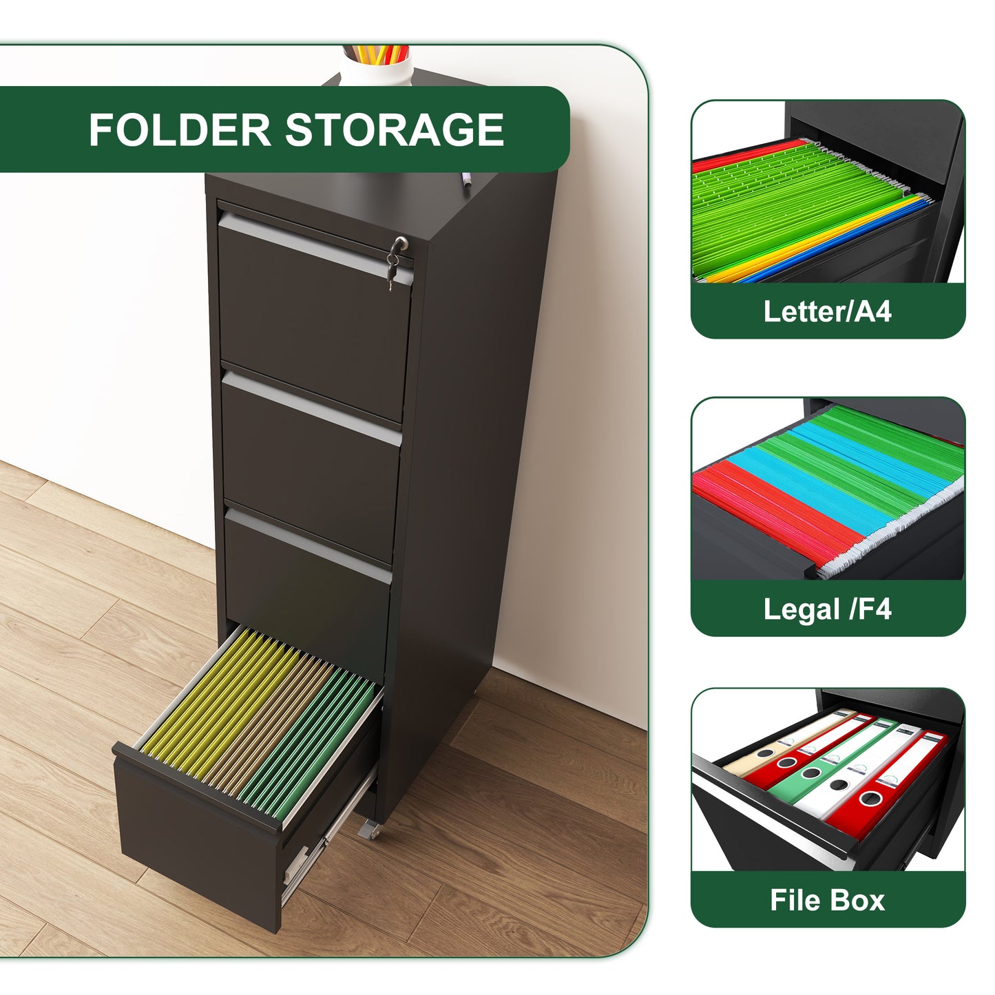 VIYET 52"H 4-Drawer Locking Vertical File Cabinet on Wheels, Black Heavy-Duty Metal Cabinet for Home/Office, Fits Legal/Letter