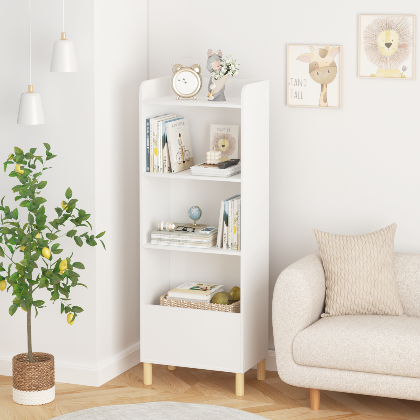 VIYET 51" Kids 4-Tier Bookcase, White MDF+Pine Legs Storage Organizer w/ Anti-Tipping Device (Nursery/Playroom Display Rack)