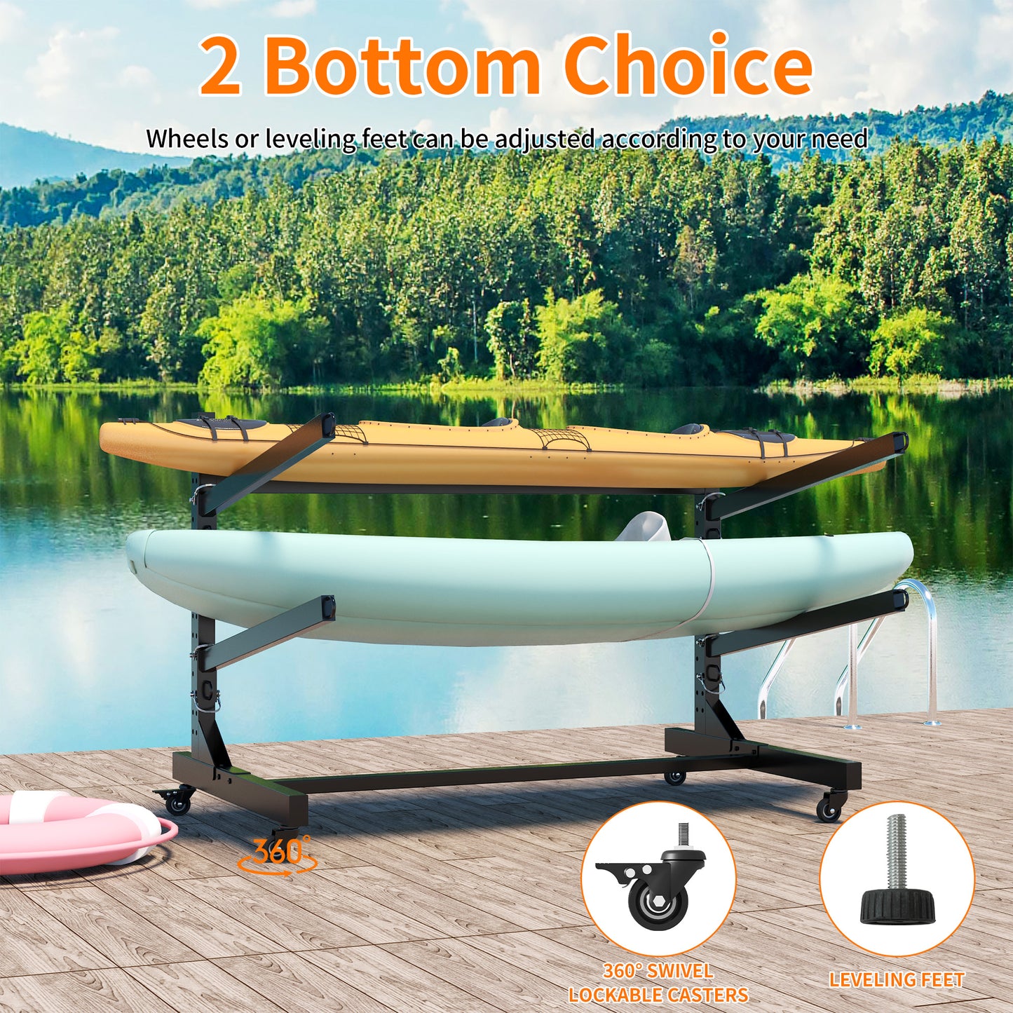 VIYET 27"H Freestanding Kayak Storage Rack, Heavy-Duty Adjustable Stand with Lockable Wheels, Holds 2 Kayaks/Canoe/SUP/Surfboard (Black)