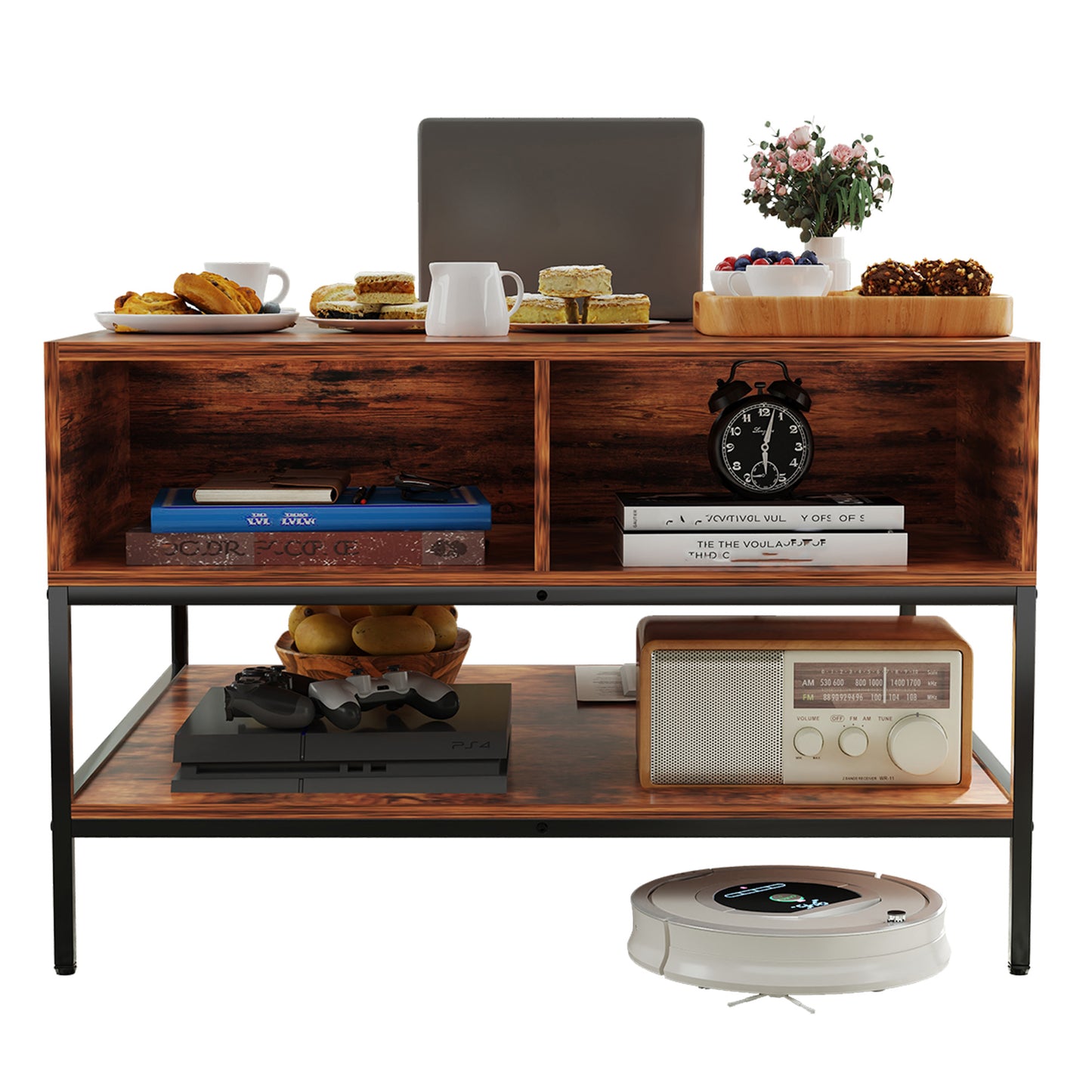 VIYET 32"H Farmhouse Flip Top Coffee Table with Storage, Rustic Wood Grain + Metal Frame, Hidden Compartment & Open Shelves for Living Room, Easy to Assemble & Clean (Black+Brown)