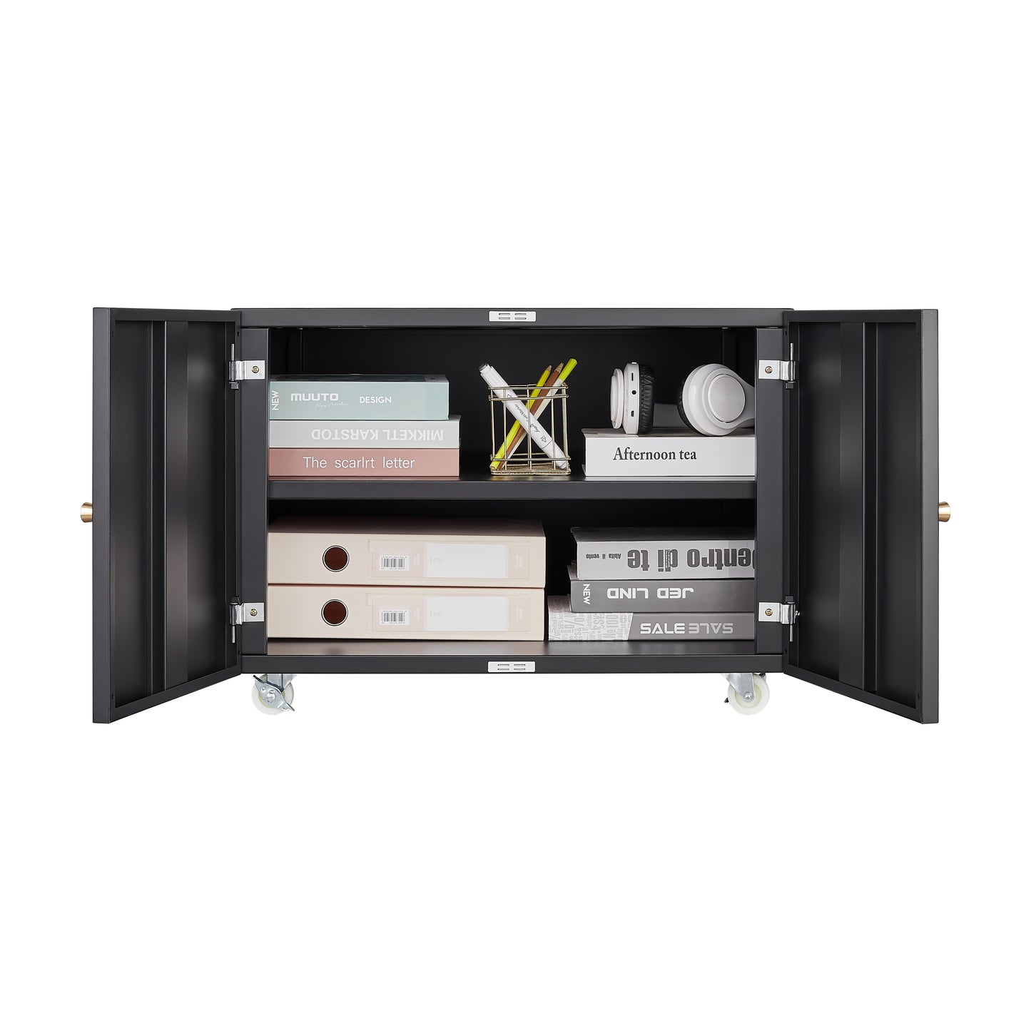 VIYET 23.6" Black Steel Double-Door Printer Cabinet, 360° Lockable Casters & Adjustable Shelves, Waterproof