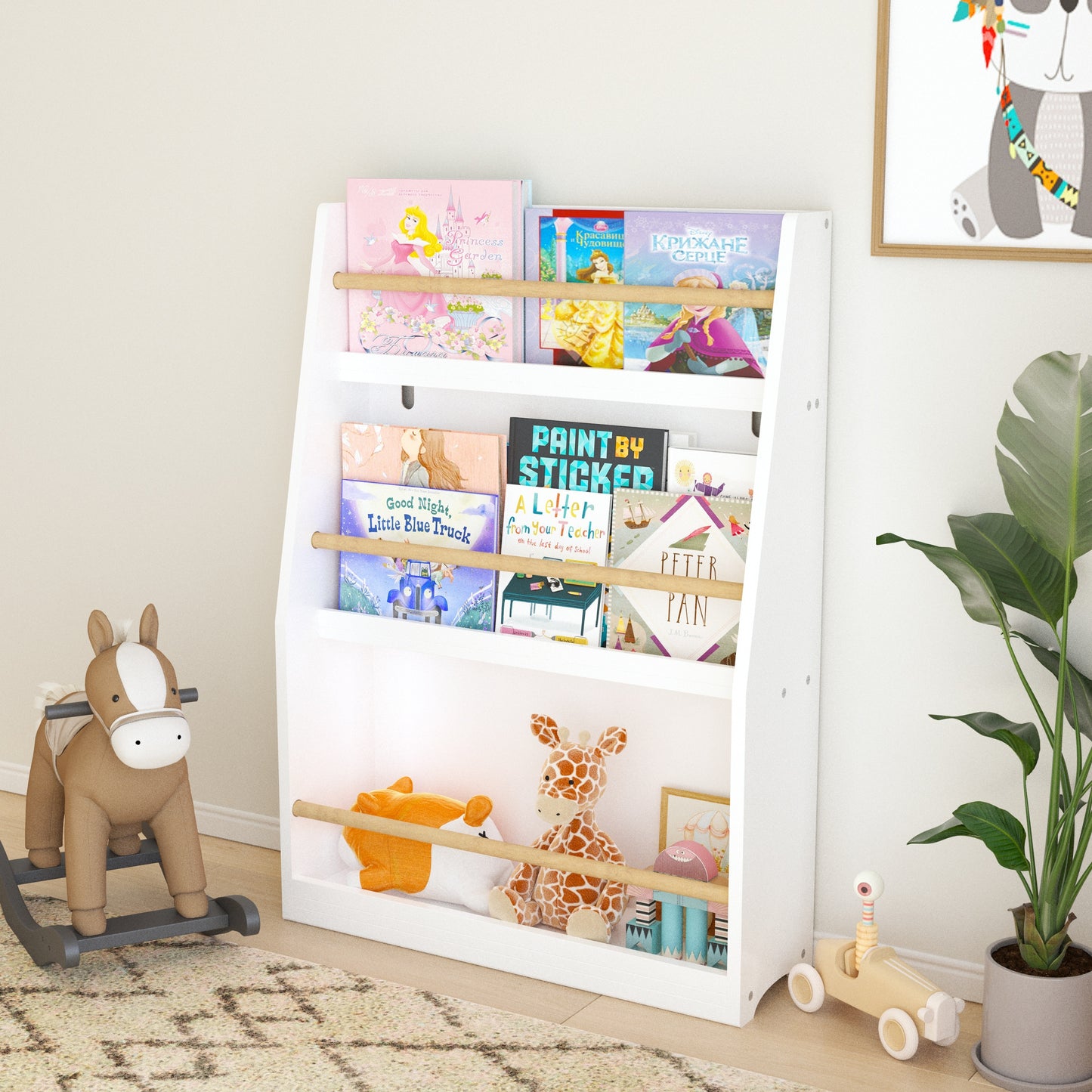 VIYET 3 Tier Kids Bookshelf, Front Facing Book Display Rack for Toddlers, Wooden Book Organizer for Bedroom, Playroom, Nursery and Classroom, White