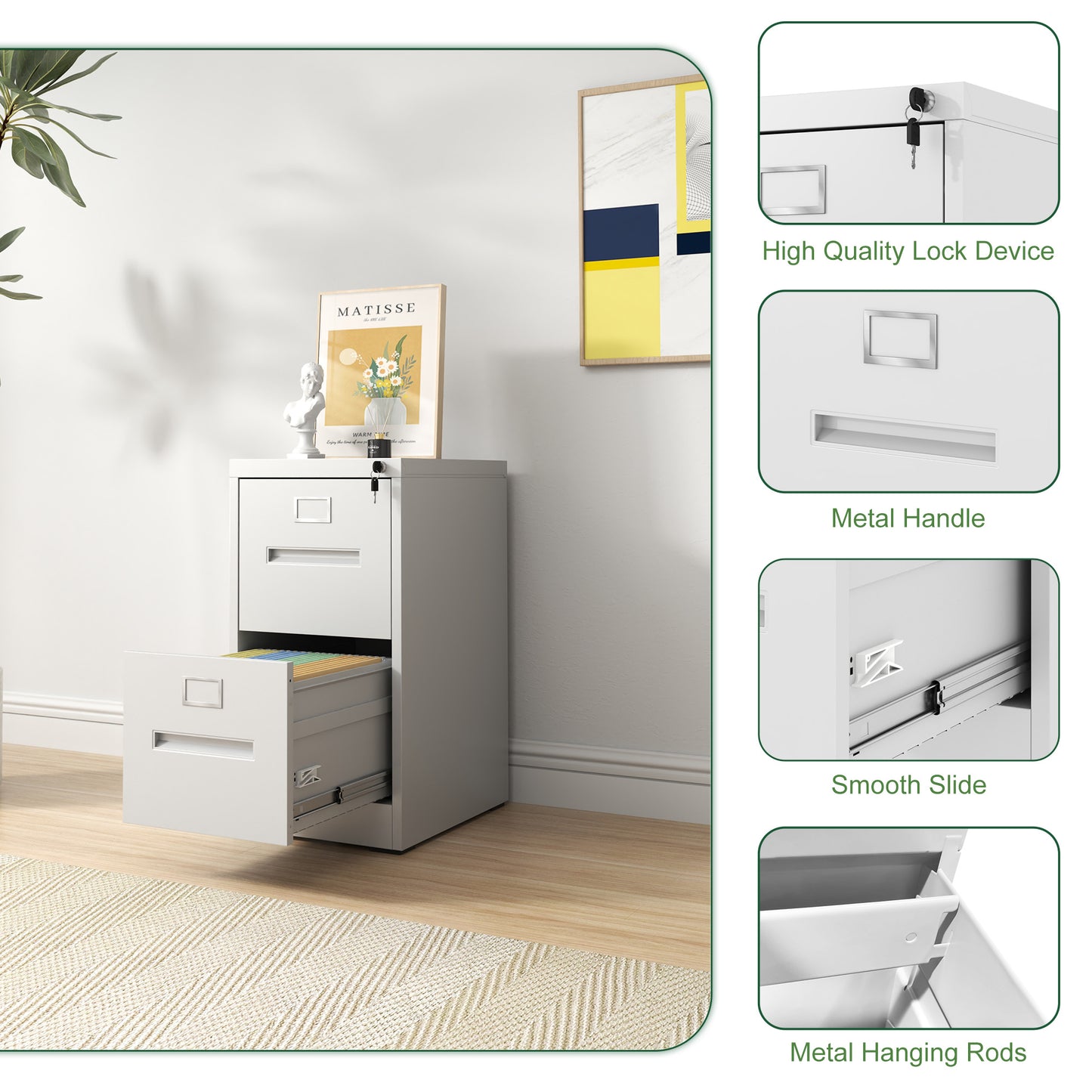 VIYET 28"H 2-Drawer White Narrow Metal Vertical File Cabinet with Lock, Steel Filing Cabinet for Home Office(Assembly Required)