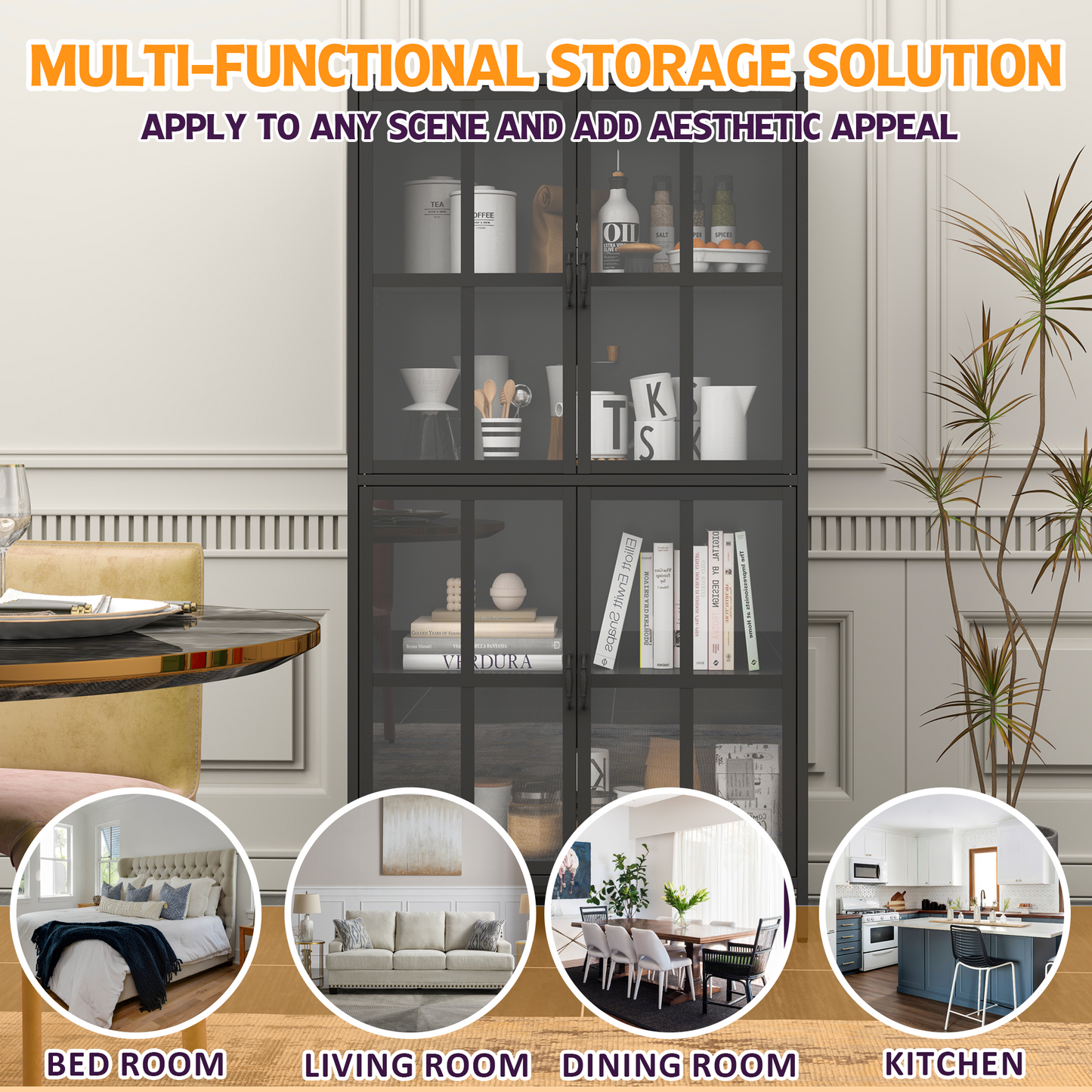 VIYET 63"H Premium Black Metal Storage Cabinet, Tempered Glass Doors + Adjustable Shelves, Anti-Tipping & Magnetic Silent Closure for Home/Office
