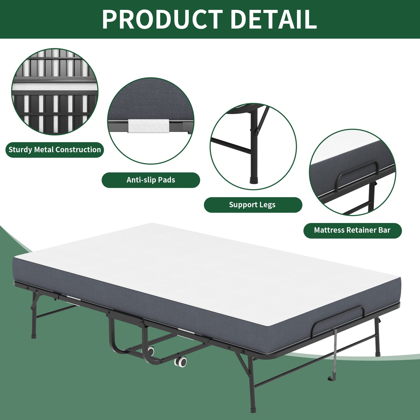VIYET Folding Bed with Adjustable Headboard, 5" Memory Foam Mattress, 450LB Heavy Duty Rollaway Guest Bed with Wheels for Adults