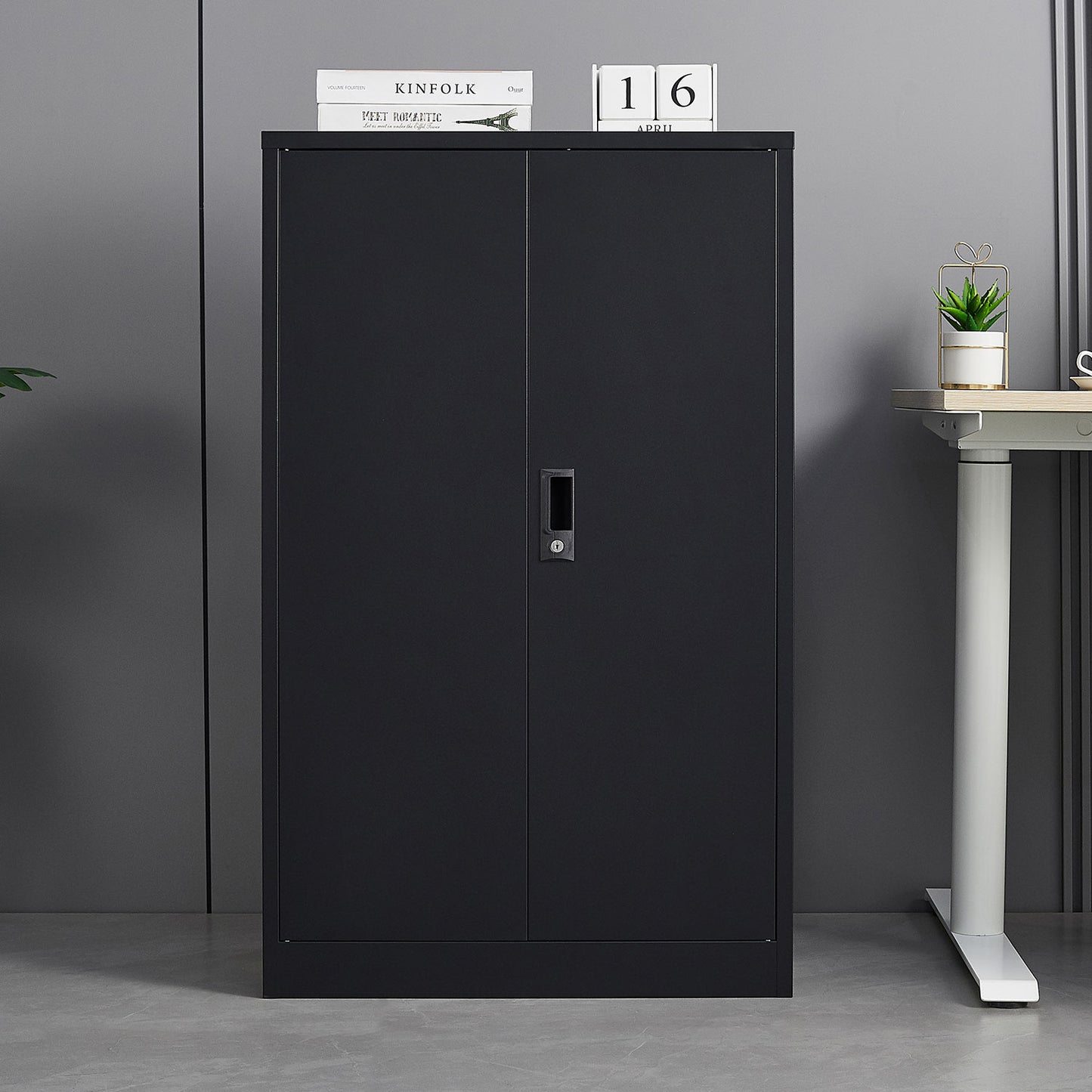VIYET 41.97"H Metal Folding Storage Cabinet, Filing Cabinet w/ Locking Doors & Adjustable Shelf, Black