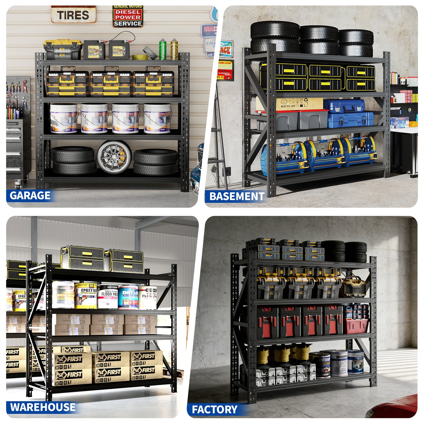 VIYET 4-Shelf Heavy Duty Metal Garage Shelving, 5000 LBS Capacity Adjustable Industrial Storage Unit, 63"H×67"W×23.7", Open Rack for Warehouse Gym, Black