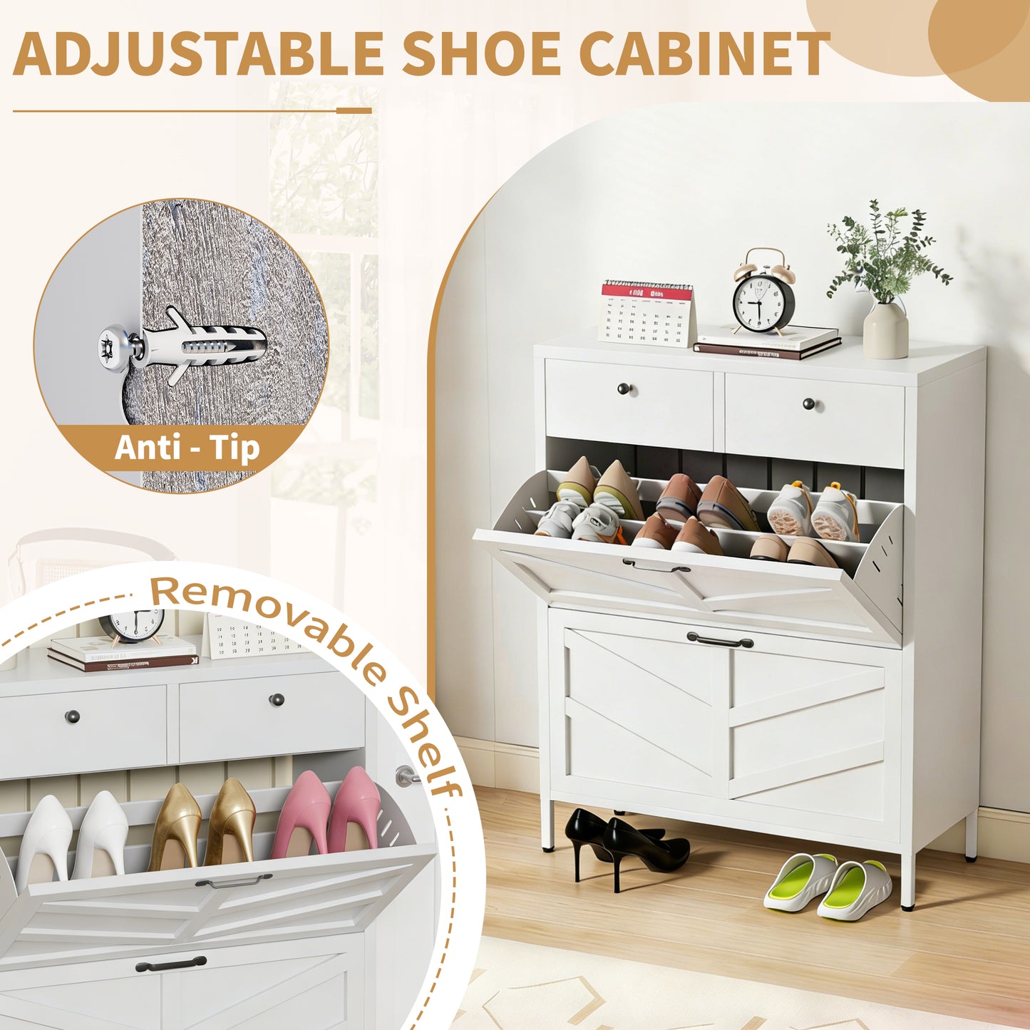 VIYET Slim Metal Shoe Cabinet with 2 Flip Drawers & 2 Top Drawers, Narrow Entryway Storage Organizer, Freestanding Hallway Shoe Rack, White