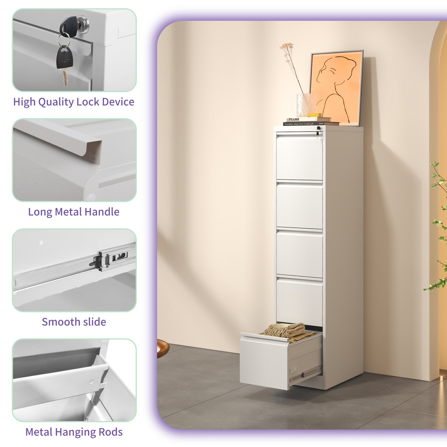 VIYET 64" White 5-Drawer Vertical Metal File Cabinet with Lock, Tall Locking Filing Cabinet, Fits Letter Legal & A4 Files