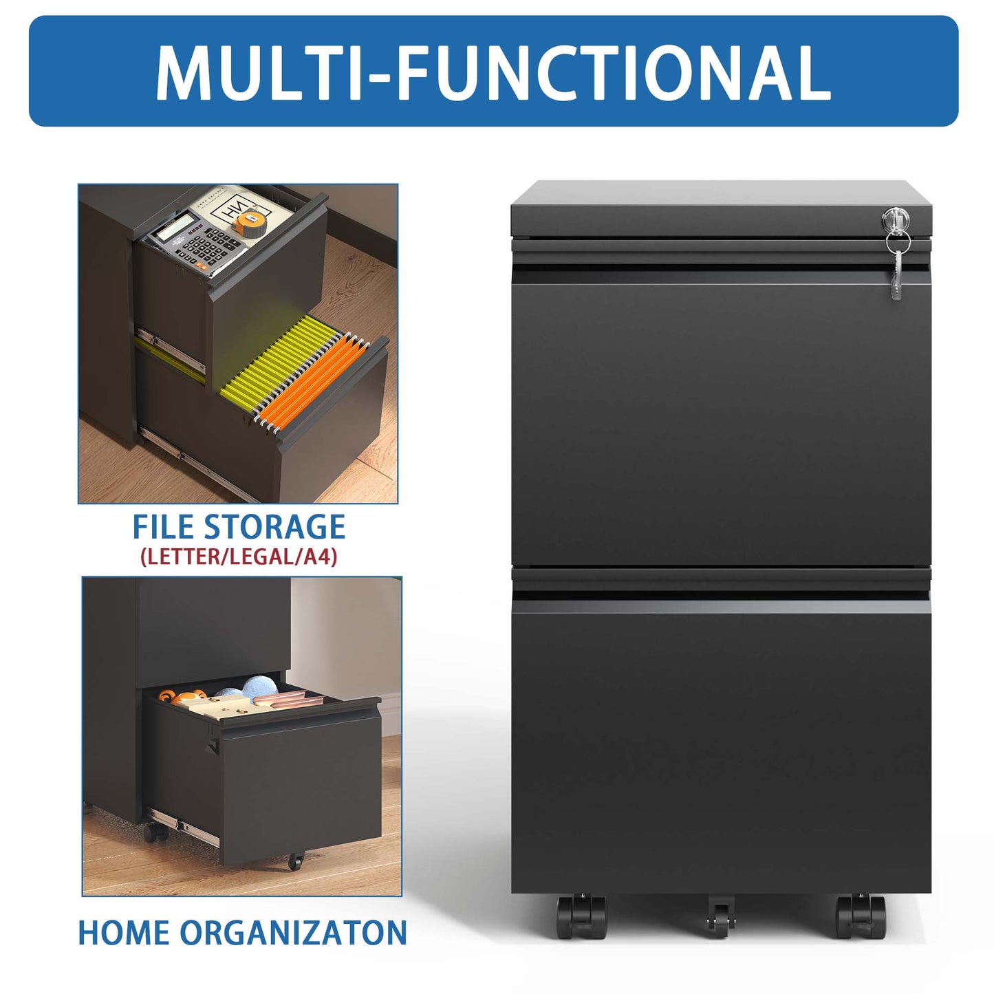 VIYET 2-Drawer Mobile Metal File Cabinet with Lock, Rolling Office Storage for Letter, Legal & A4 Hanging Files, Fully Assembled Except Wheels