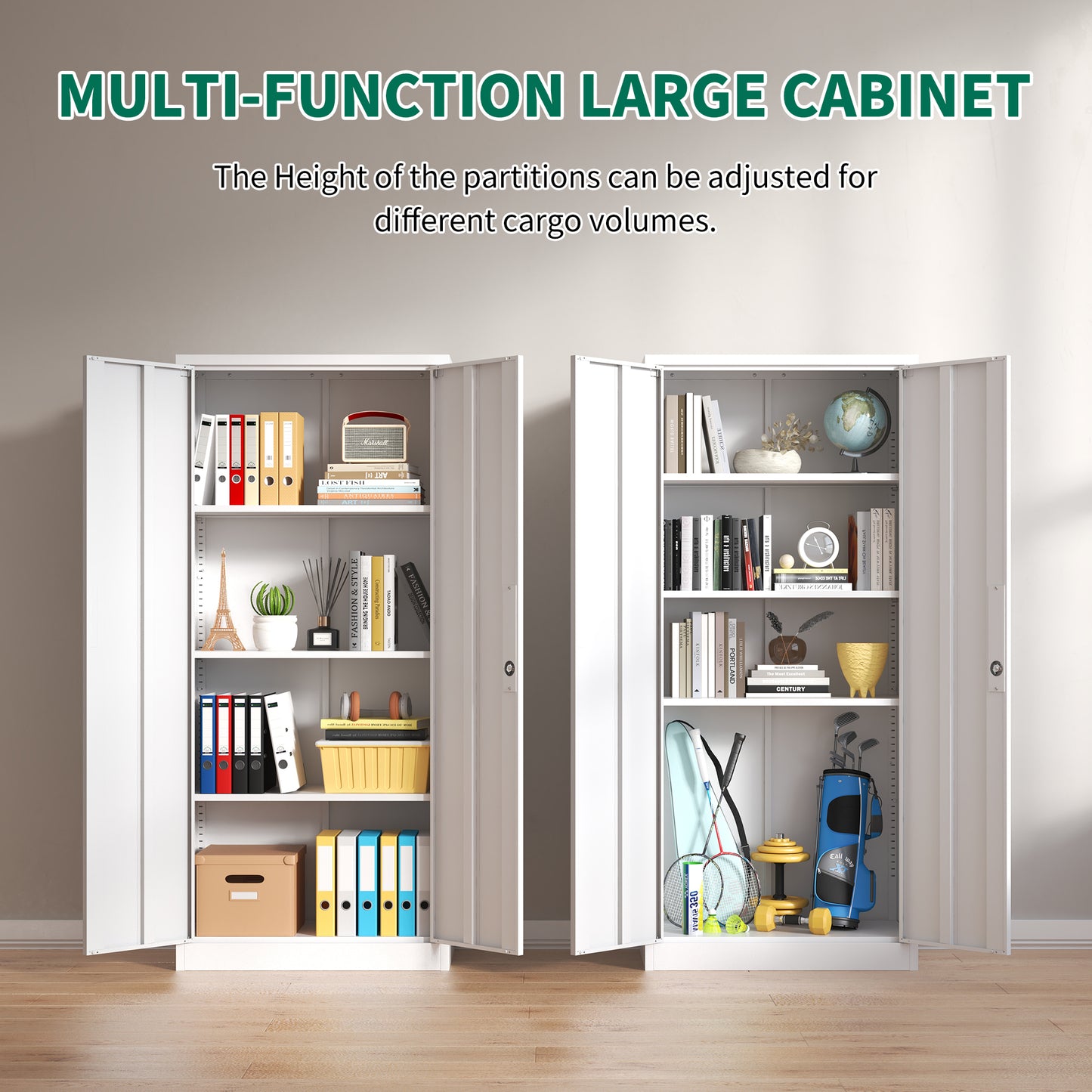 VIYET 71"H White Metal Garage Storage Cabinet, Lockable with 3 Adjustable Shelves & Doors for Home Office Pantry