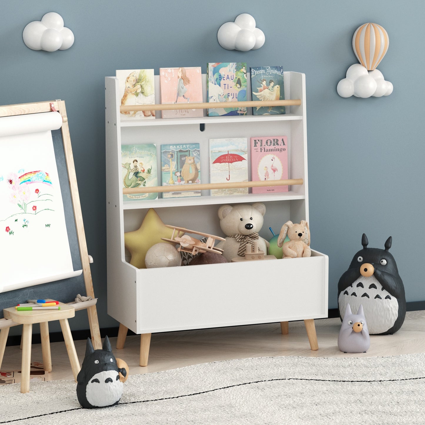 VIYET 37" Kids Bookshelf & Toy Organizer - White MDF+Pine Legs, 2 Shelves, Storage Bin, Anti-Tipping