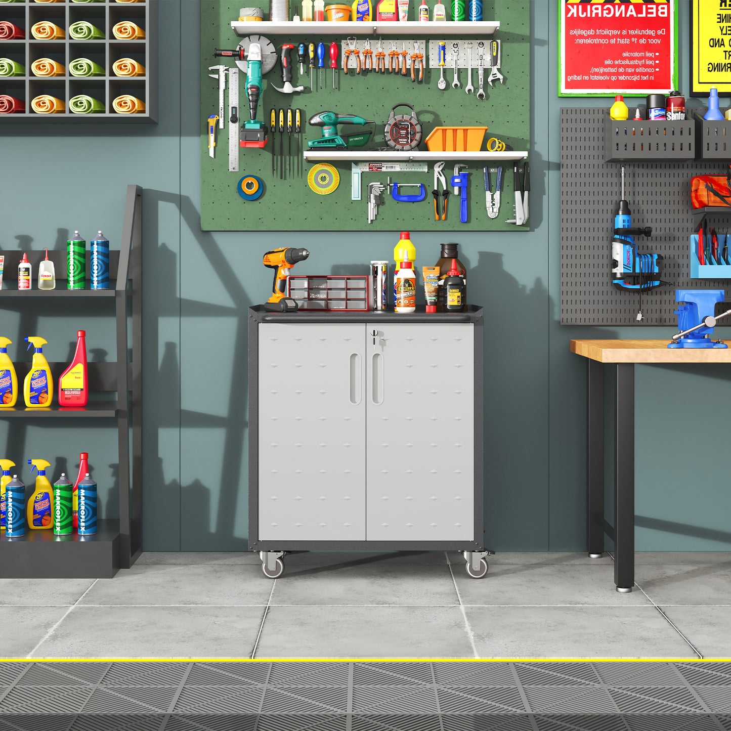 VIYET 34"H Heavy-Duty Steel Garage Cabinet with Wheels & Lock - Adjustable Shelves, Black+Gray Diamond-Plate Design (Garage/Home/Office/Workshop)