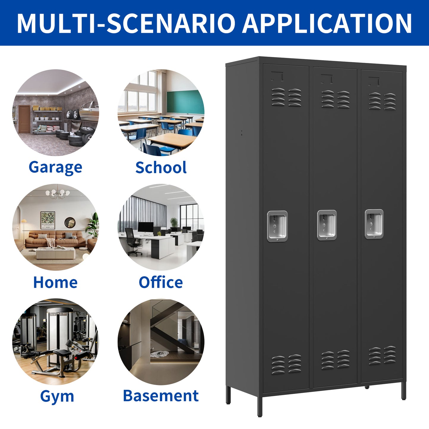 VIYET 72" 3 Door Metal Locker Storage Cabinet with Locks, Freestanding Employee Locker for Office, School, Gym, Garage & Home, Black
