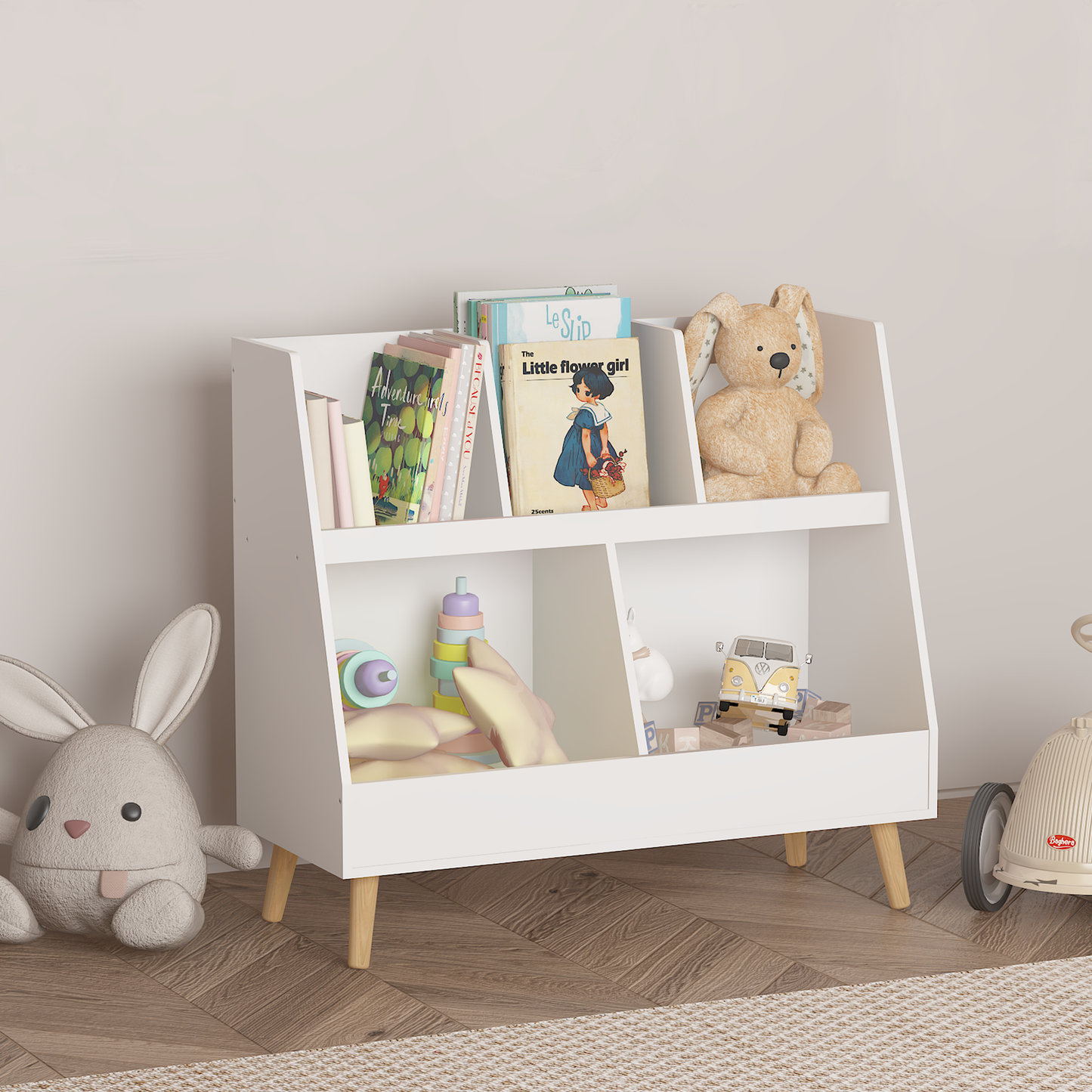 VIYET 28" Kids 5-Cubby Bookshelf Toy Organizer,White Wooden 2-Tier Storage Rack w/ Pine Legs (Anti-Tipping Nursery/Playroom Organizer)